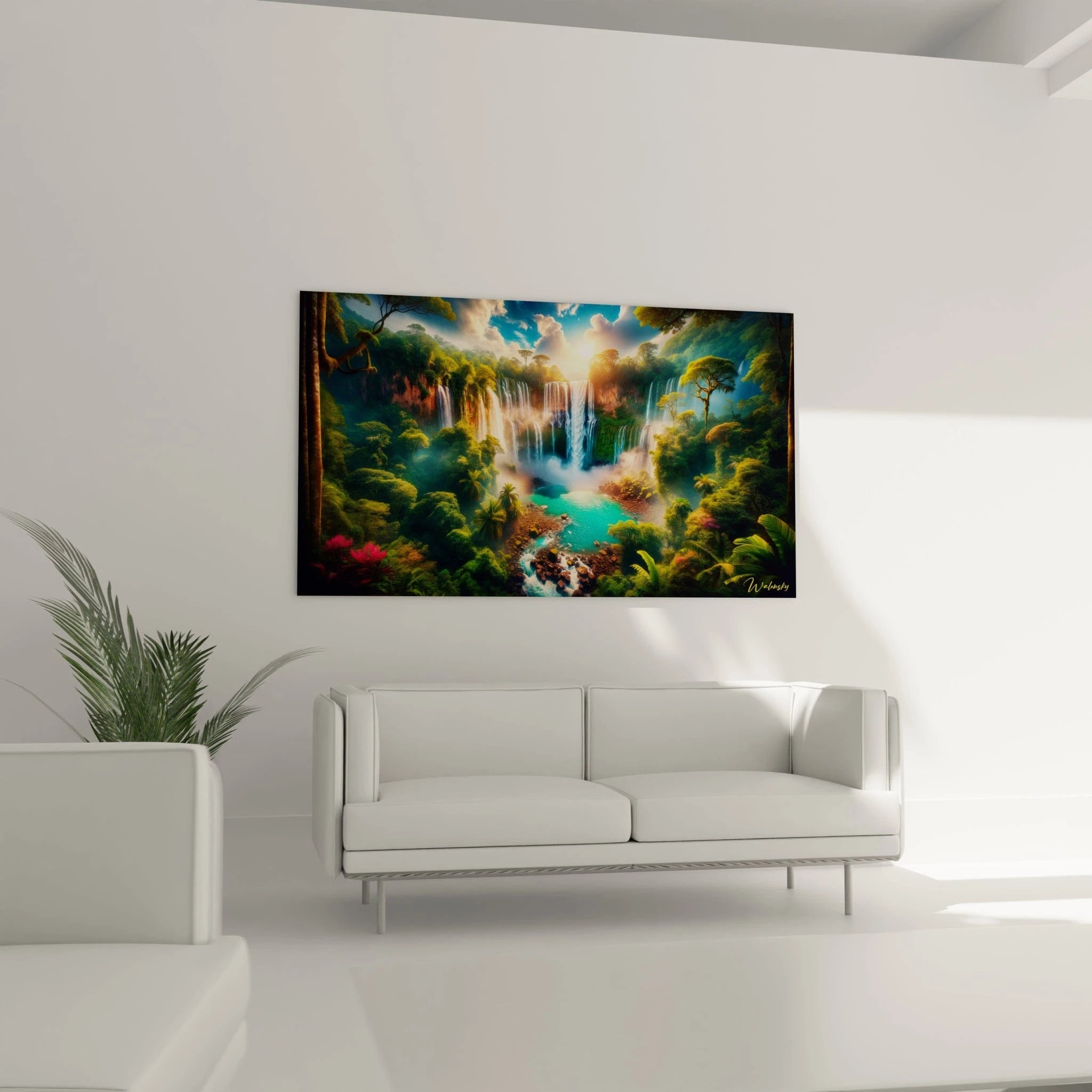 Tableau paysage illustrant une vallée luxuriante encadrée de cascades, un bassin bleu vif, des feuillages denses, et des textures brumeuses sur fond rocheux et végétal.