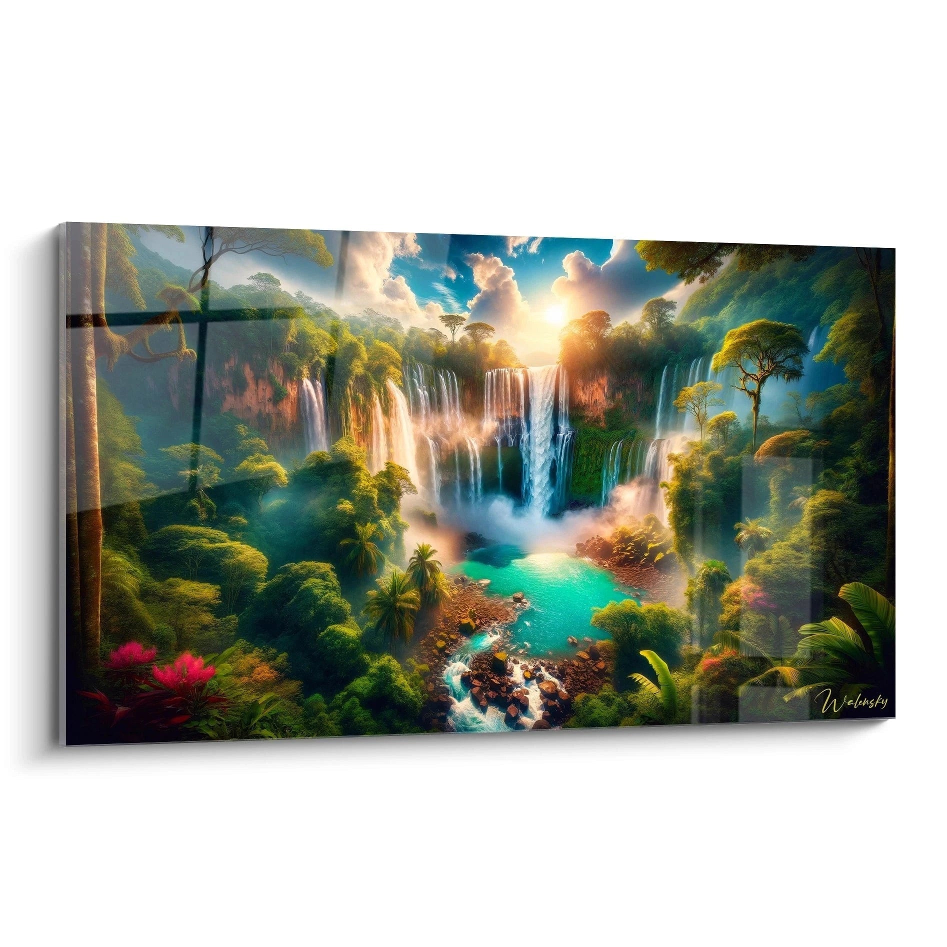 Un tableau paysage représentant une jungle dense avec une série de cascades, des eaux turquoise, des feuillages verts, et des textures de brume et de végétation détaillées.