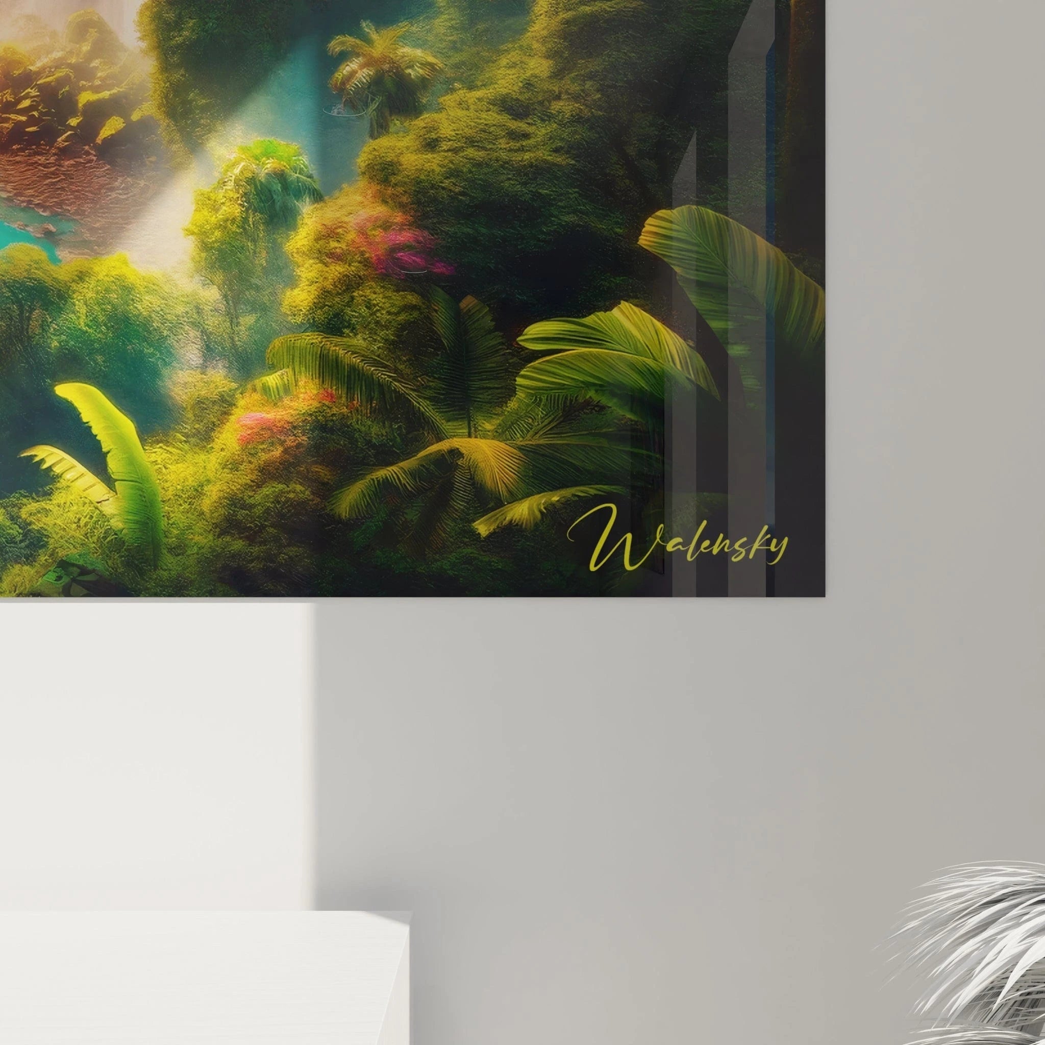 Un tableau paysage centré sur des chutes d’eau entourées de forêt tropicale, combinant vert intense, bleu turquoise, brun rocheux, et effets de brume diffusant la lumière.