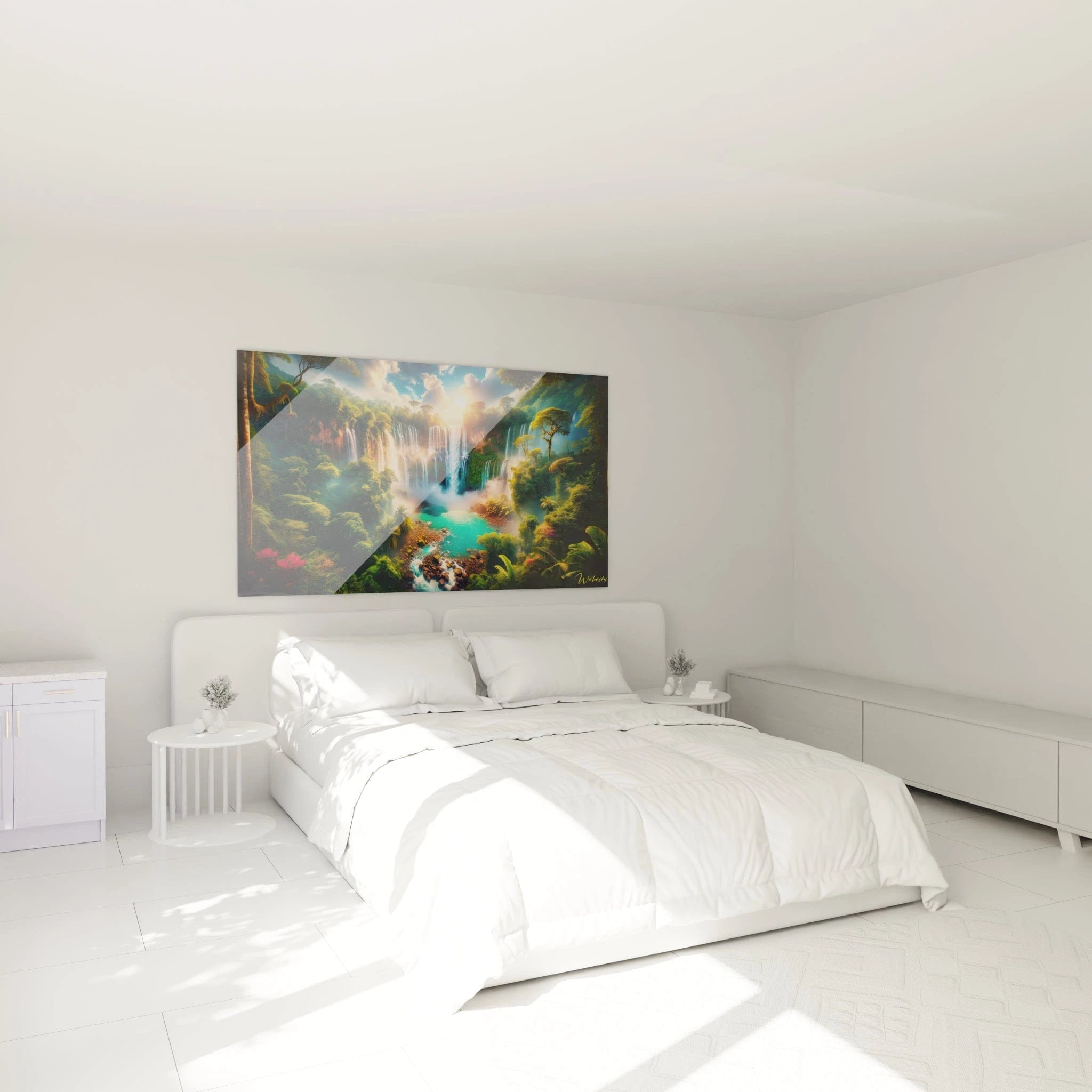 Tableau paysage montrant des chutes d’eau multiples au centre d’une forêt tropicale, avec des tons verts, bleus et ocres, et des effets de lumière et de profondeur nuancée.