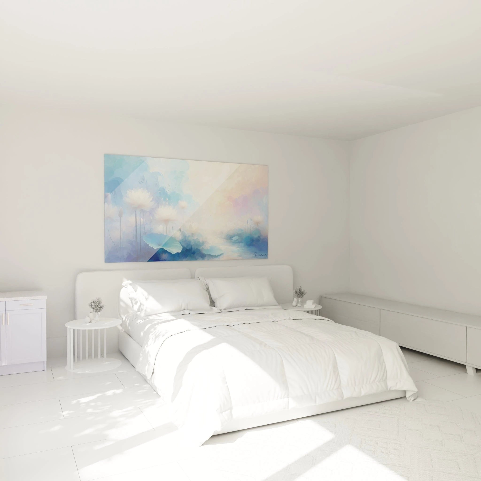 Un tableau abstrait de fleurs de nénuphar blanches émergeant de l'eau. Les grandes feuilles plates bleu-vert contrastent avec le fond pastel aux textures brumeuses. L'effet vaporeux crée une ambiance éthérée.