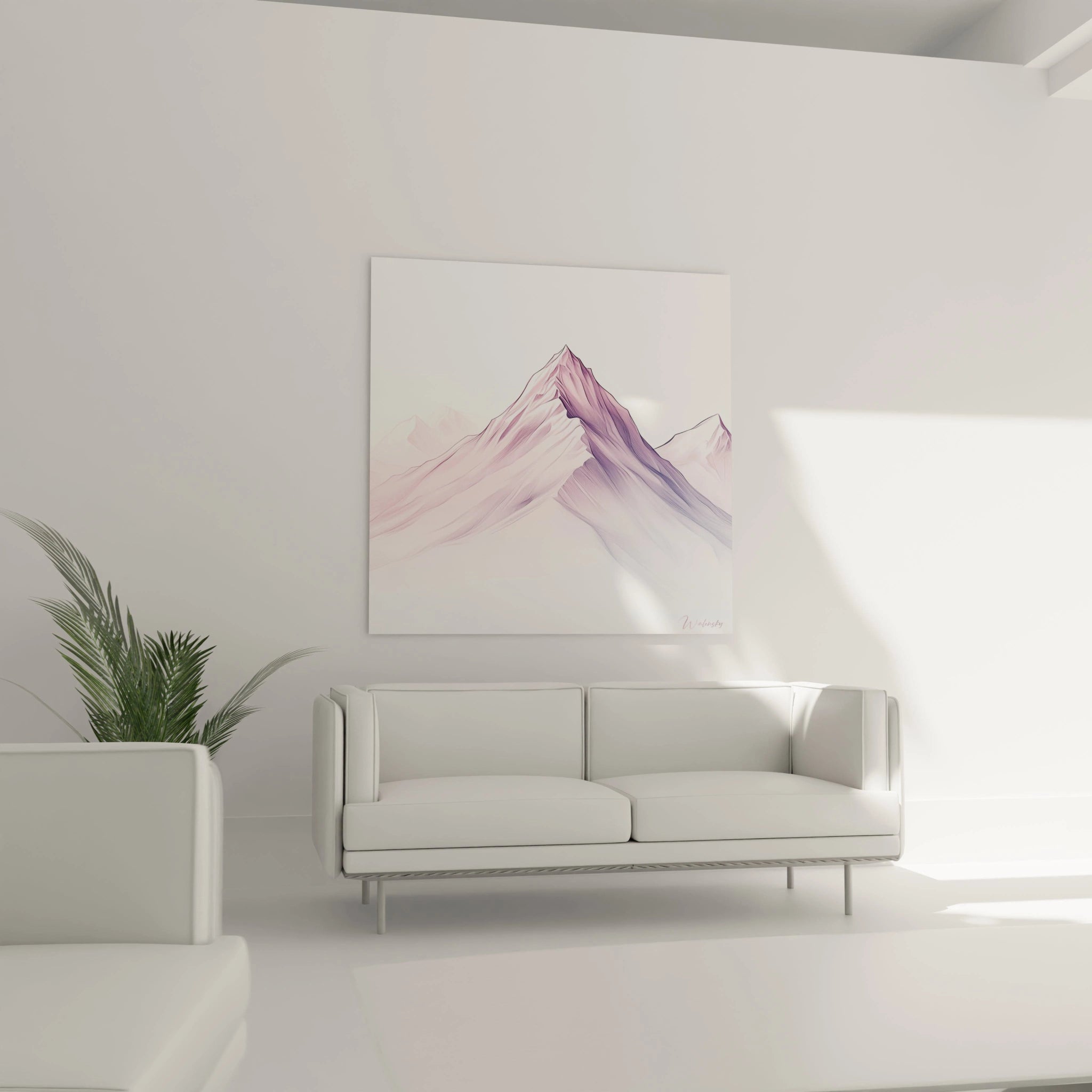 Un tableau montagne contemporain capturant l'essence des hauts sommets dans une palette douce. Les différentes couches de rose et violet se superposent délicatement pour former un paysage alpin serein, aux contours précis et aux transitions chromatiques subtiles.