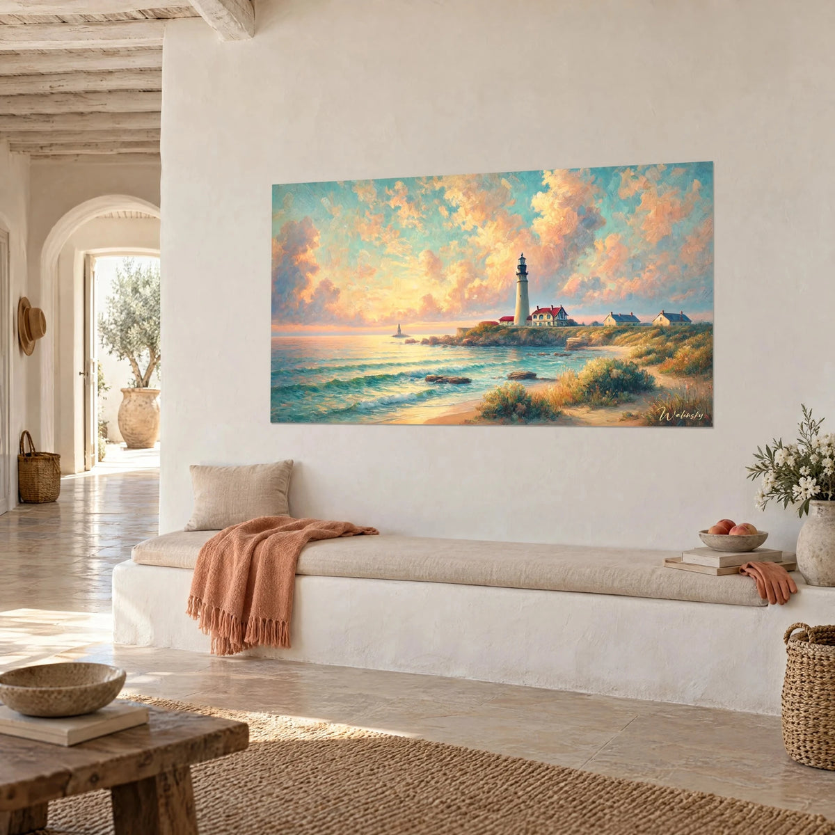 Wall art signal tower on a cliff, peach and turquoise sky in brushstrokes, hung above a white banquette