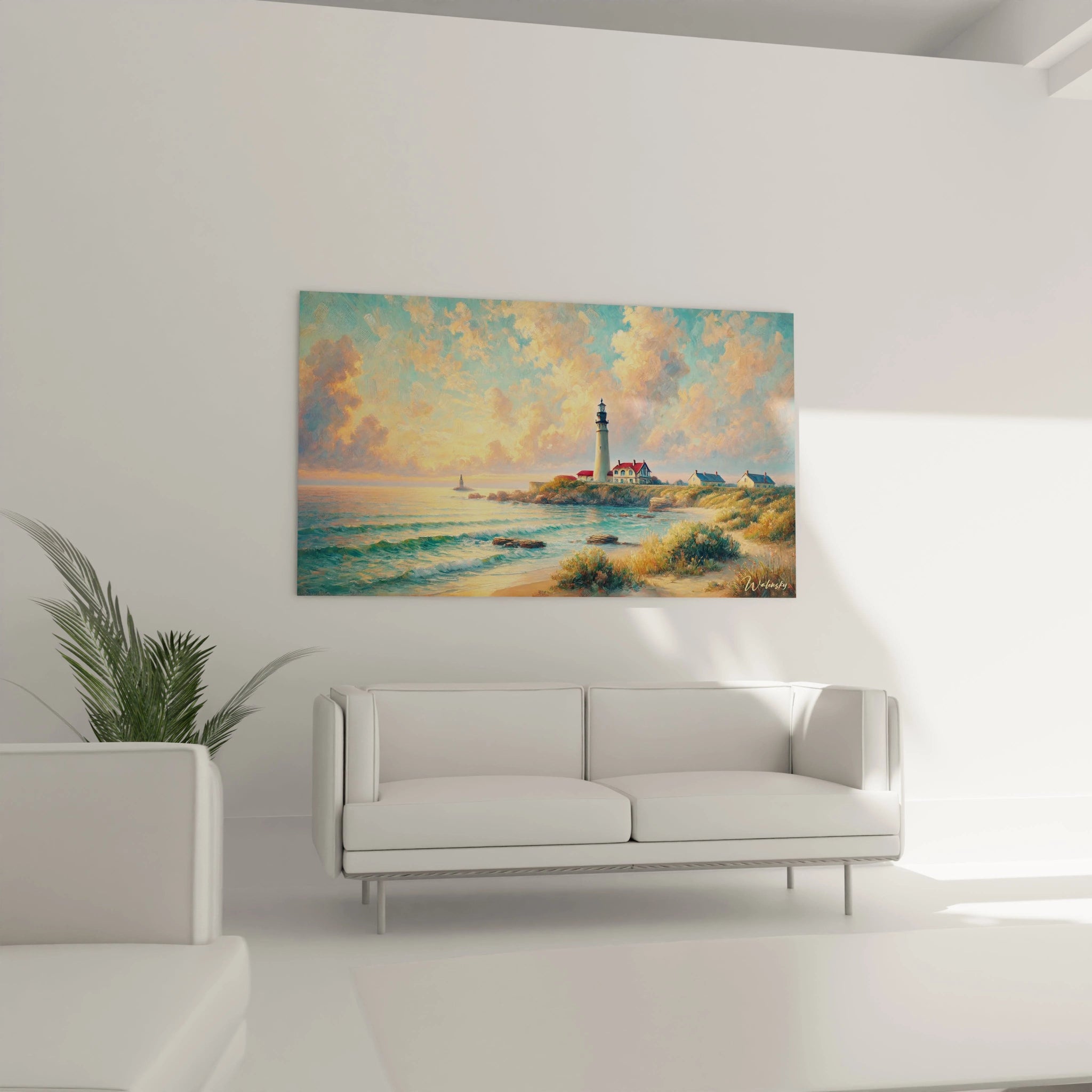 Ce tableau Mer est l'ajout parfait à votre salon, suspendu au-dessus du canapé. Son impressionnisme vibrant capture la douceur du lever du soleil sur l'océan.
