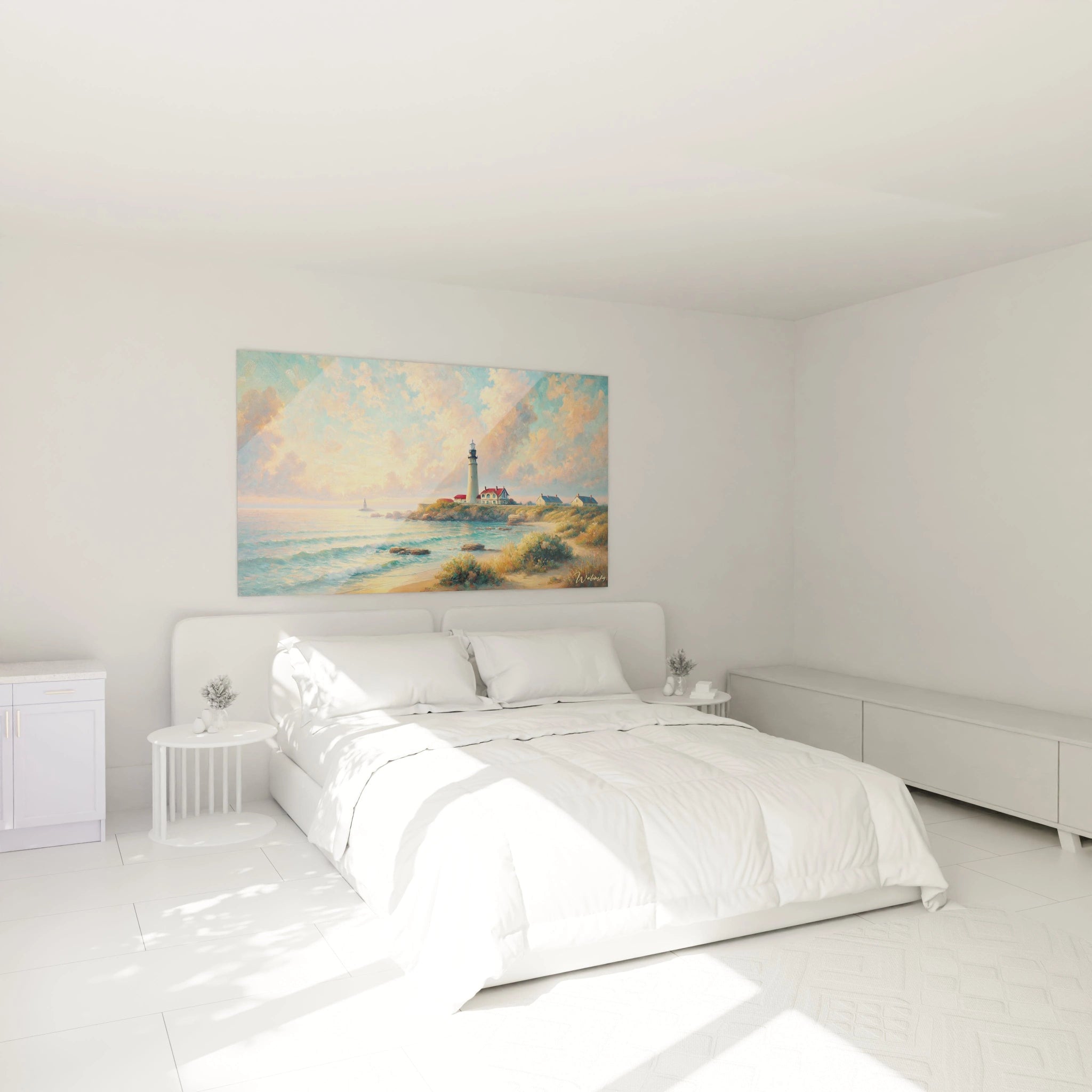 Transformez votre chambre avec ce tableau Mer accroché au-dessus du lit. Il évoque la sérénité du bord de mer, apportant une atmosphère apaisante à votre espace de repos.