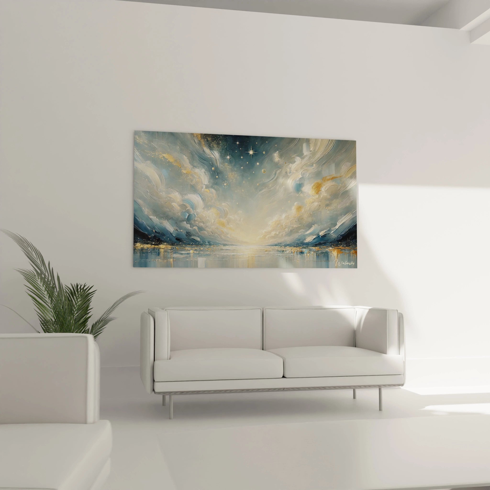 Accroché au mur dans le salon ce tableau Ciel Étoilé illumine le décor avec ses tons bleus et dorés Il crée une atmosphère chaleureuse et ajoute un sentiment de paix cosmique