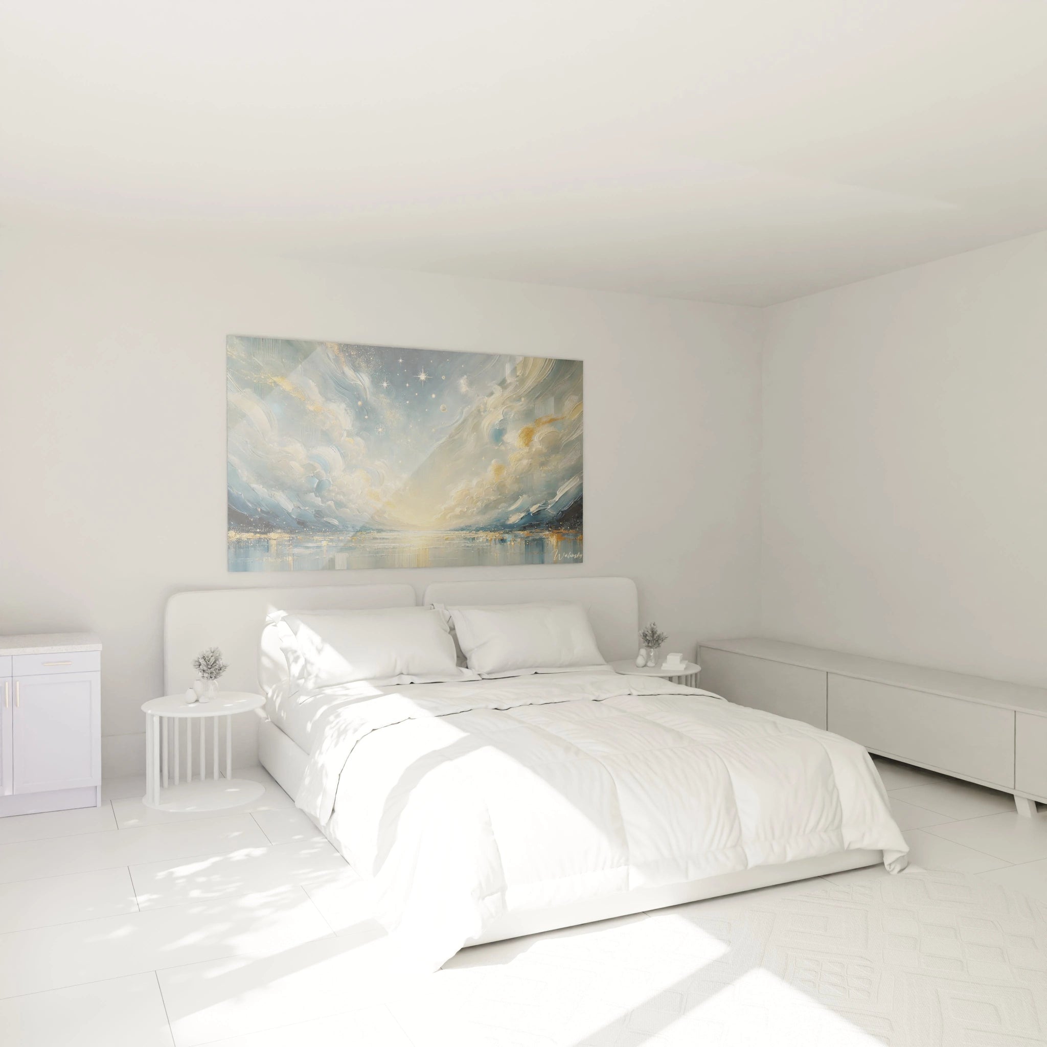 Dans cette chambre ce tableau Ciel Étoilé au-dessus du lit crée une ambiance apaisante Ses nuances de bleu profond et d’or invitent à la rêverie pour un espace propice au repos