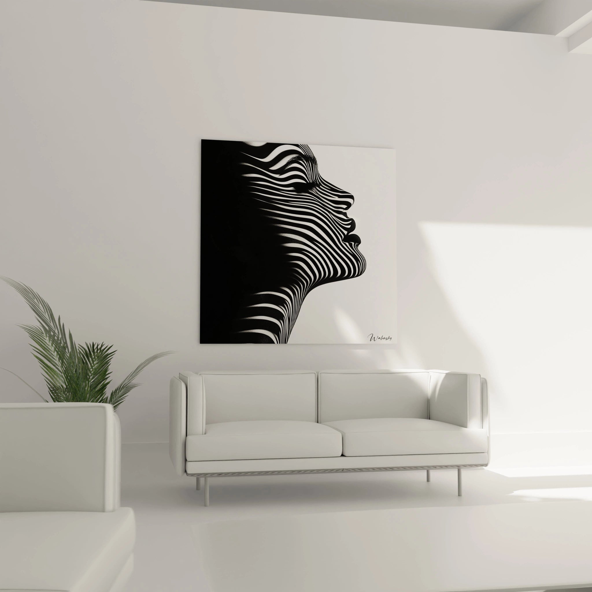 Un tableau visage optique en noir et blanc où des lignes fluides traversent un profil humain, créant une silhouette émergente. Les rayures blanches varient en épaisseur et en espacement pour définir les traits du visage, produisant un effet de relief saisissant et une texture graphique dynamique.