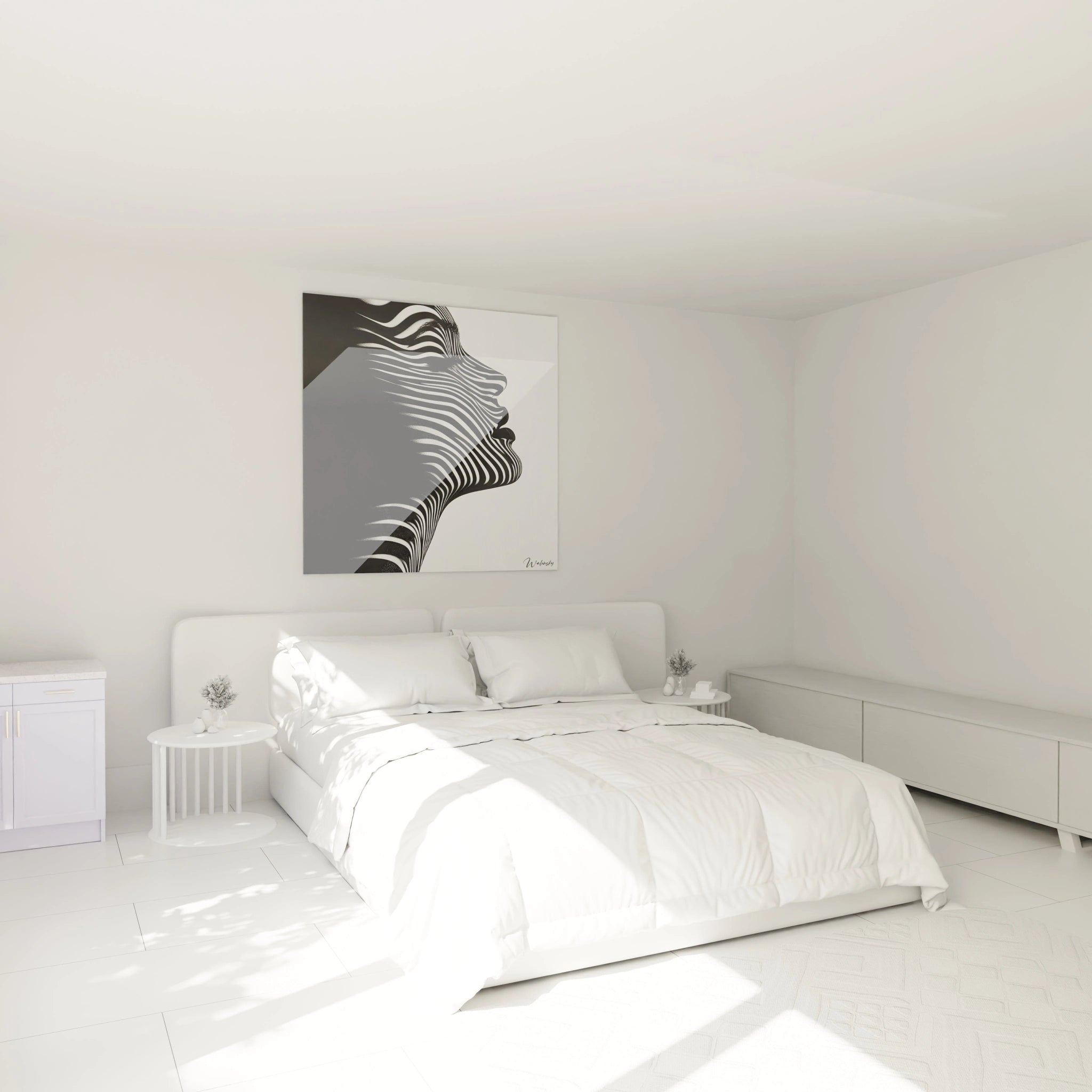 Un tableau profil rayé montrant un visage de côté formé par des lignes ondulantes blanches sur fond noir. Les contours du visage se dessinent dans le jeu des rayures, créant une sensation de profondeur tridimensionnelle malgré la surface plane et la monochromie stricte.