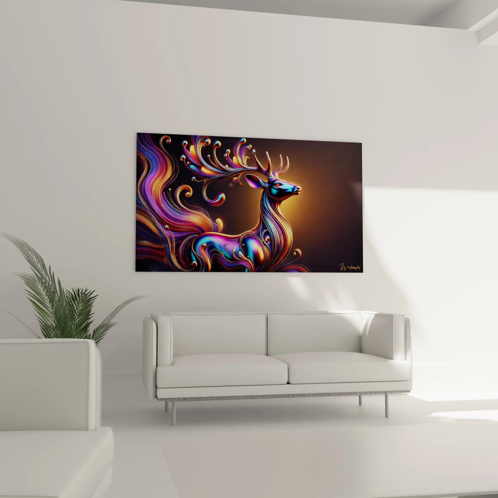 tableau cerf suspendu au mur du salon sublimant le canapé avec ses tons dorés violets et orange captivants