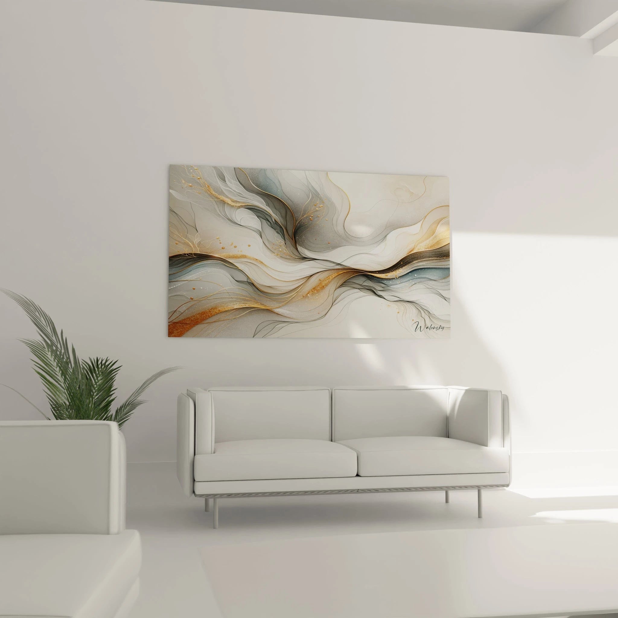 Tableau abstrait formé de rubans entrelacés aux teintes neutres de crème, gris et charbon. Éléments dorés appliqués comme des particules scintillantes. Effet de transparence obtenu par superposition de formes fluides et contours délicats sur fond pâle.