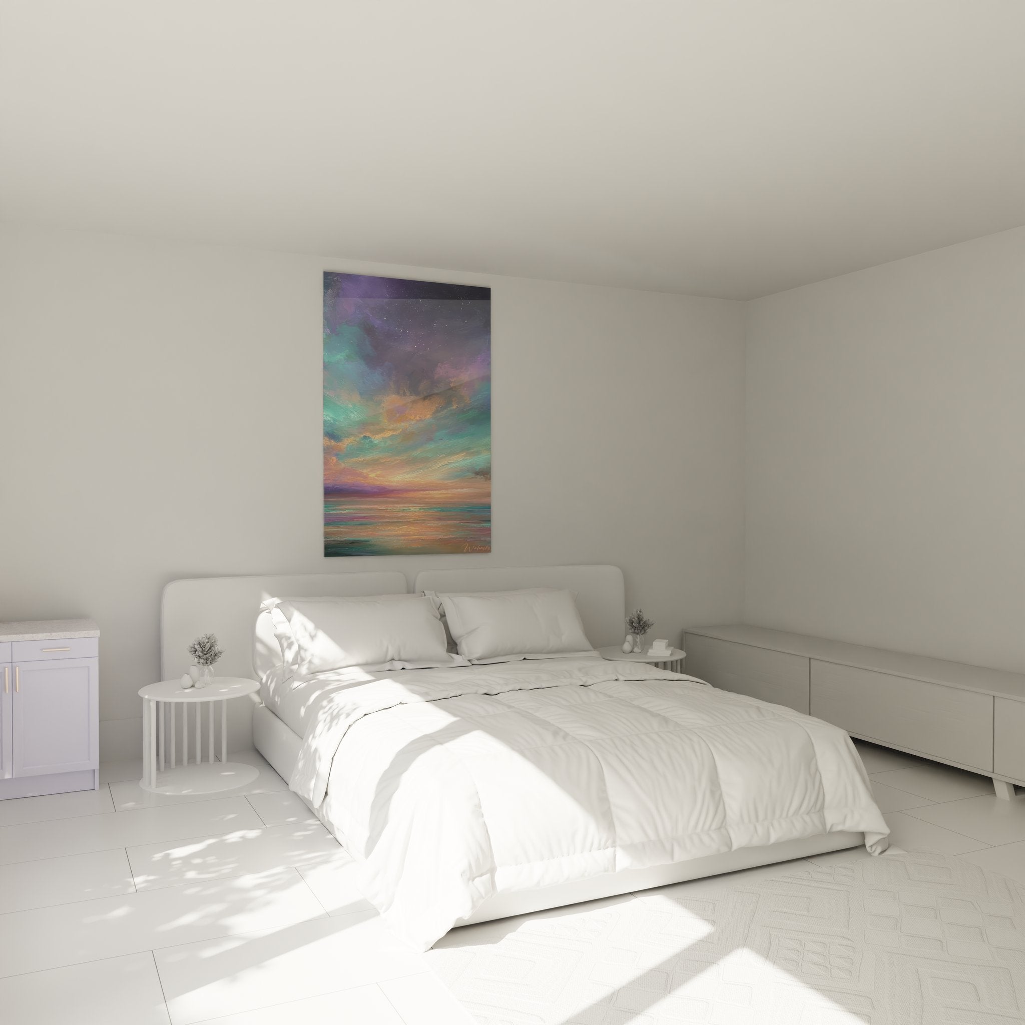 Tableau aurore boréale océan dans chambre moderne, décoration murale coucher soleil aux tons violets dorés