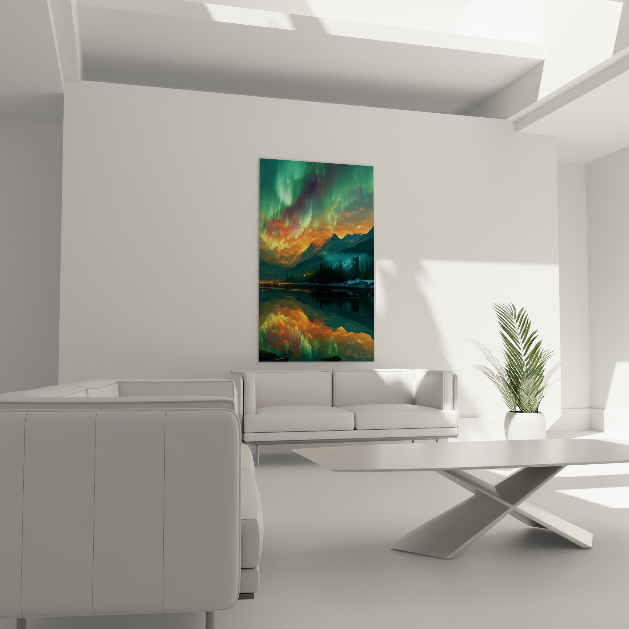 Ciel polaire vert émeraude et orangé reflété dans un lac, au-dessus d'un canapé dans un salon lumineux