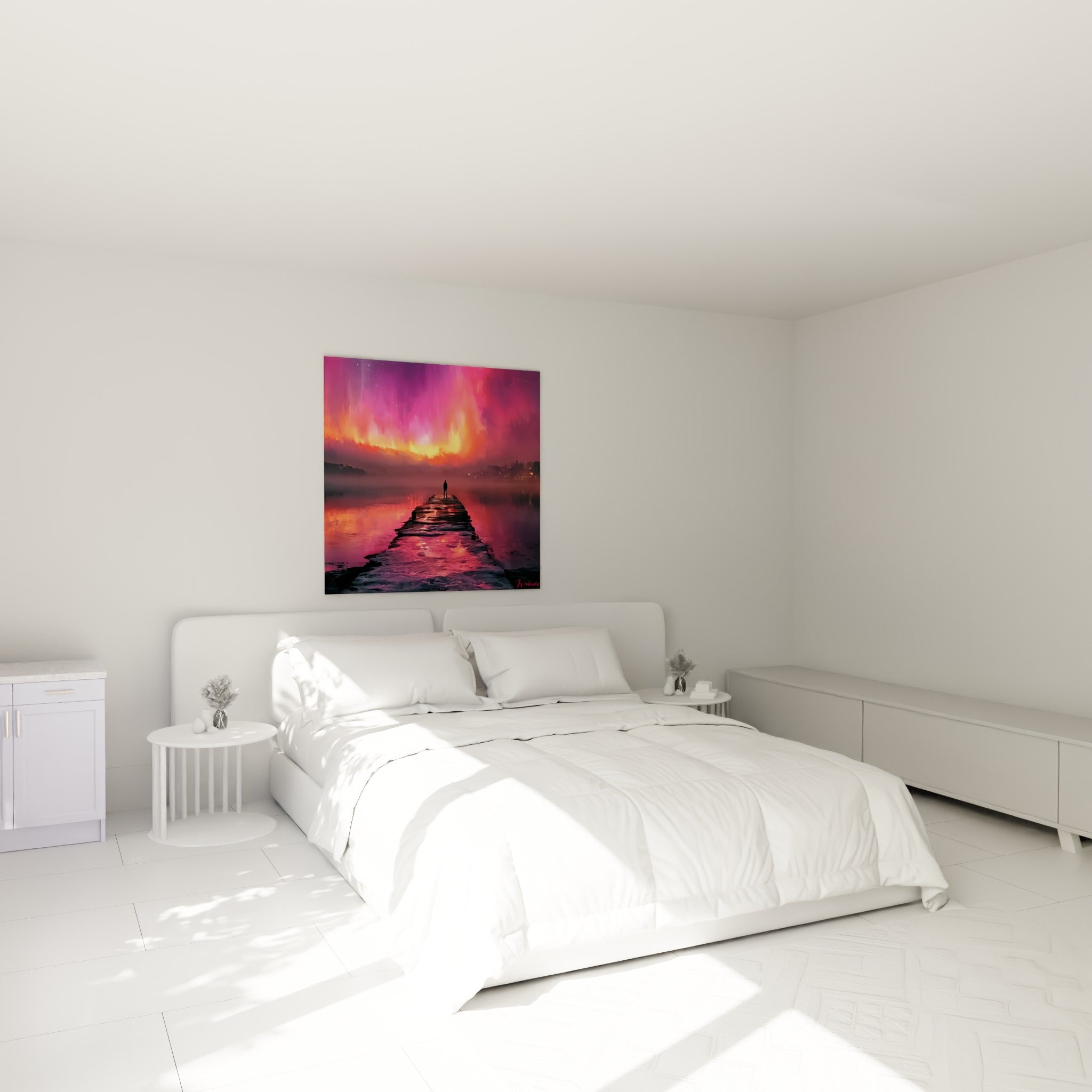 Homme solitaire contemplant une Aurore boréal fuchsia et orangée, accroché au-dessus d'un lit dans une chambre claire