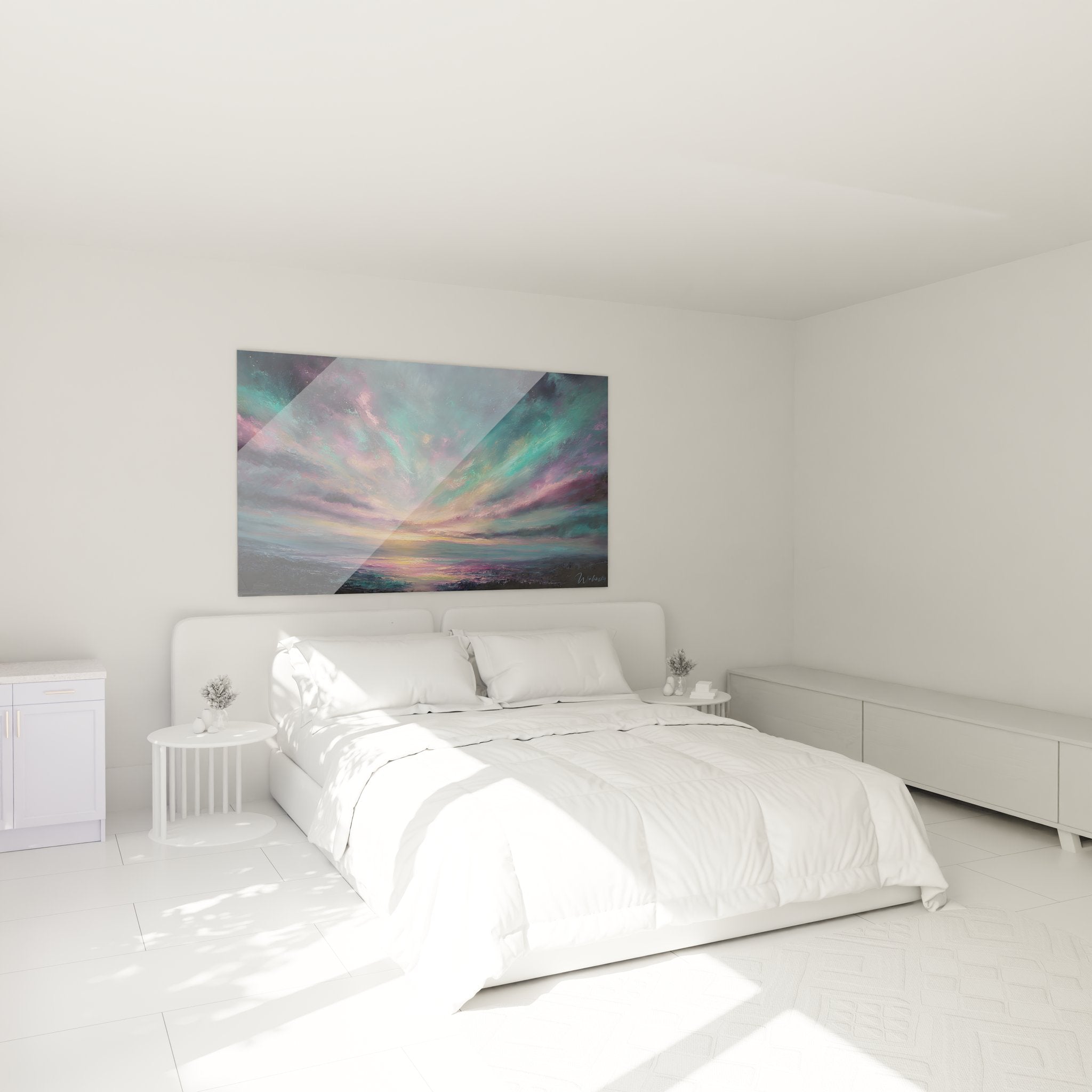 Tableau aurore boréale décorant une chambre moderne avec ciel étoilé aux nuances roses et vertes