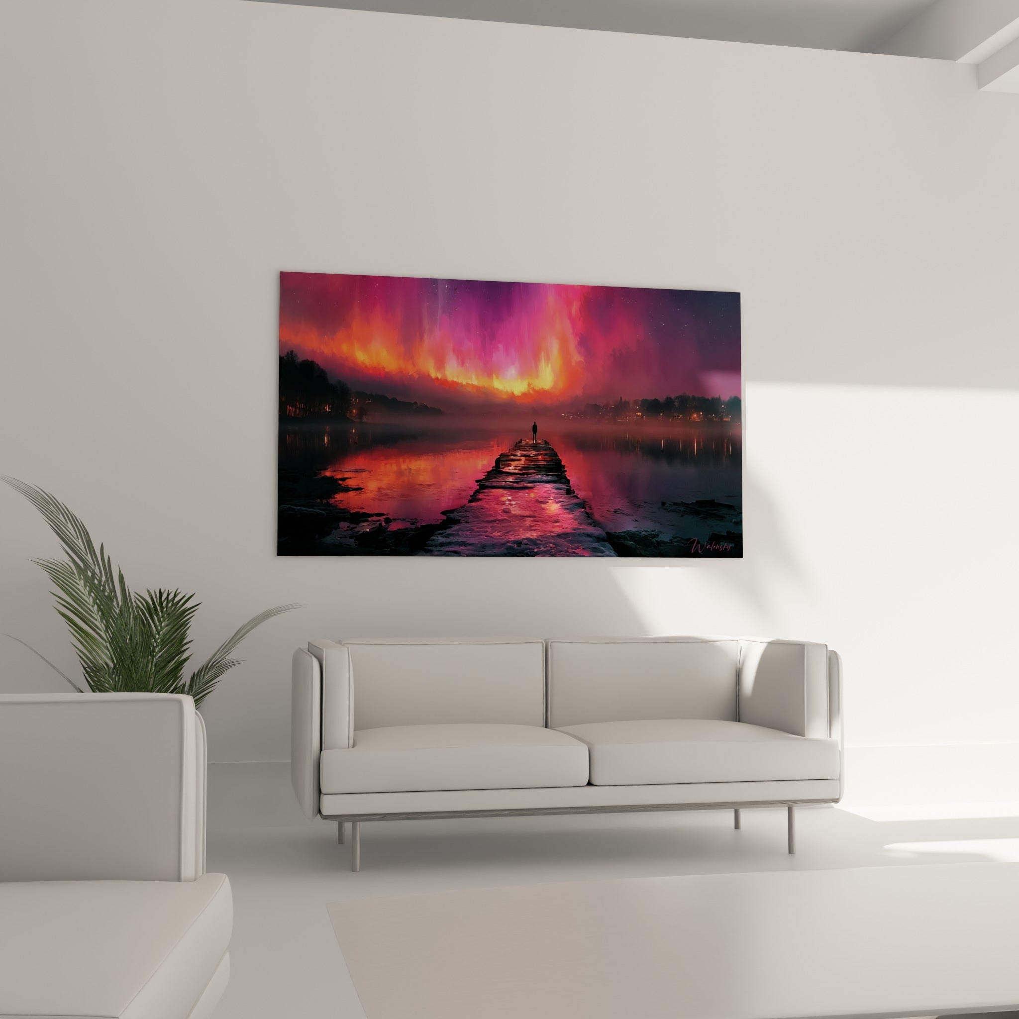 Flammes célestes fuchsia et violettes d'une aurore boréale au-dessus d'un canapé dans un salon lumineux