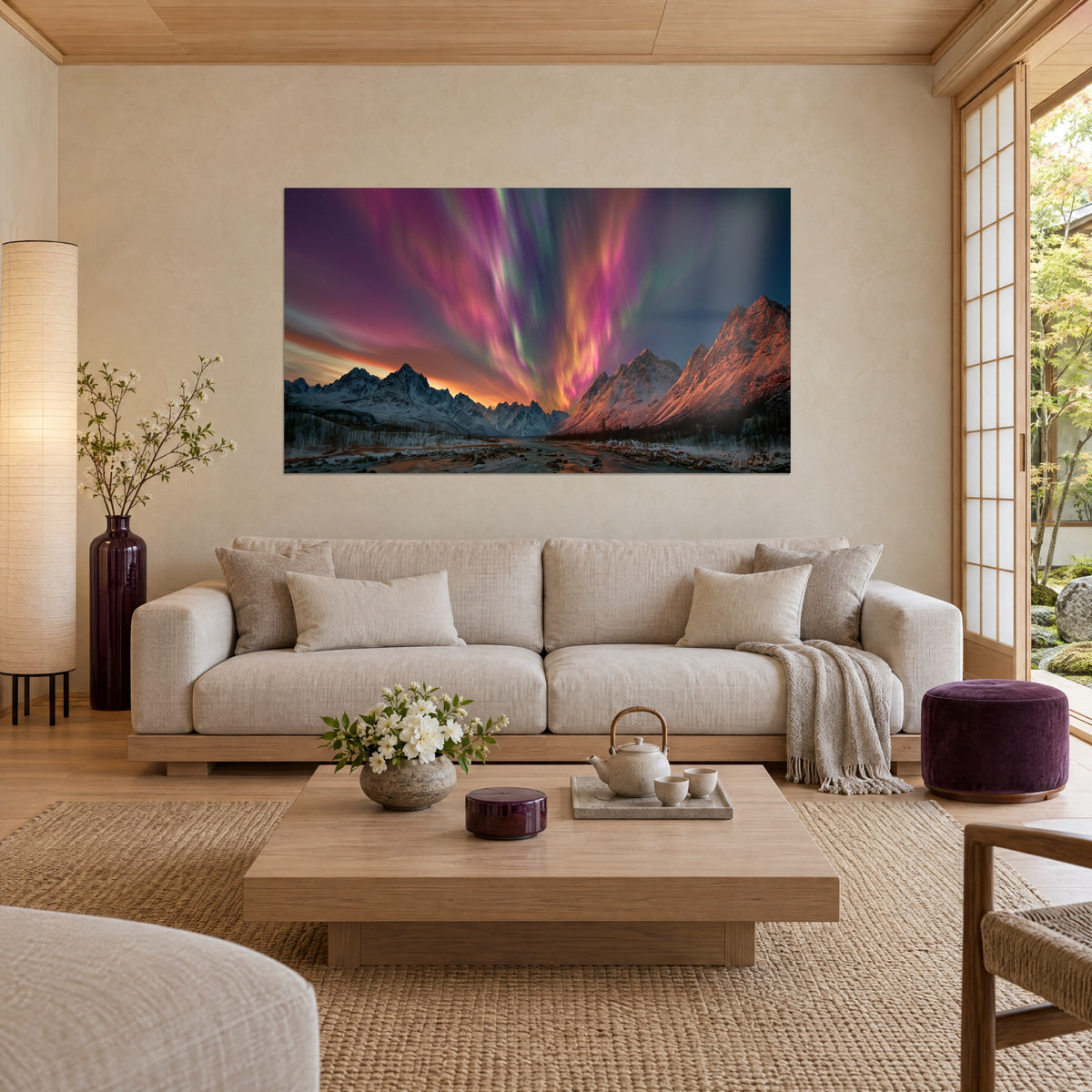 Wall art pink and violet northern lights dancing over snowy peaks, orange on the horizon, above a sofa in a bright living room