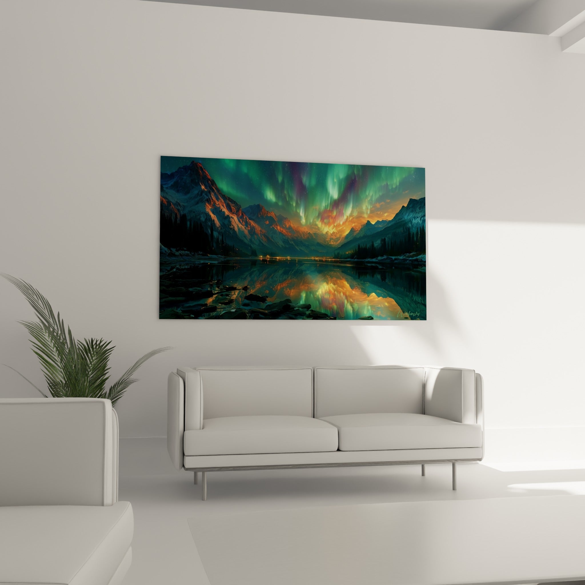 Montagnes bleu marine sous une aurore boréale orangée au-dessus d'un canapé dans un salon lumineux