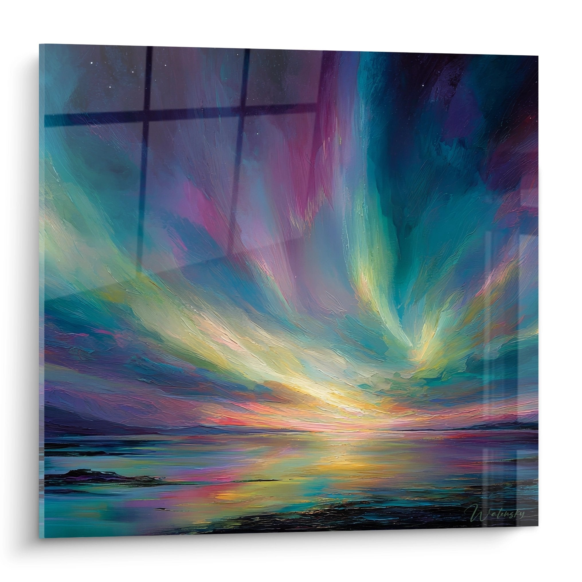 Tableau aurore boréale paysage marin aux couleurs vives bleu violet vert pour décoration murale moderne