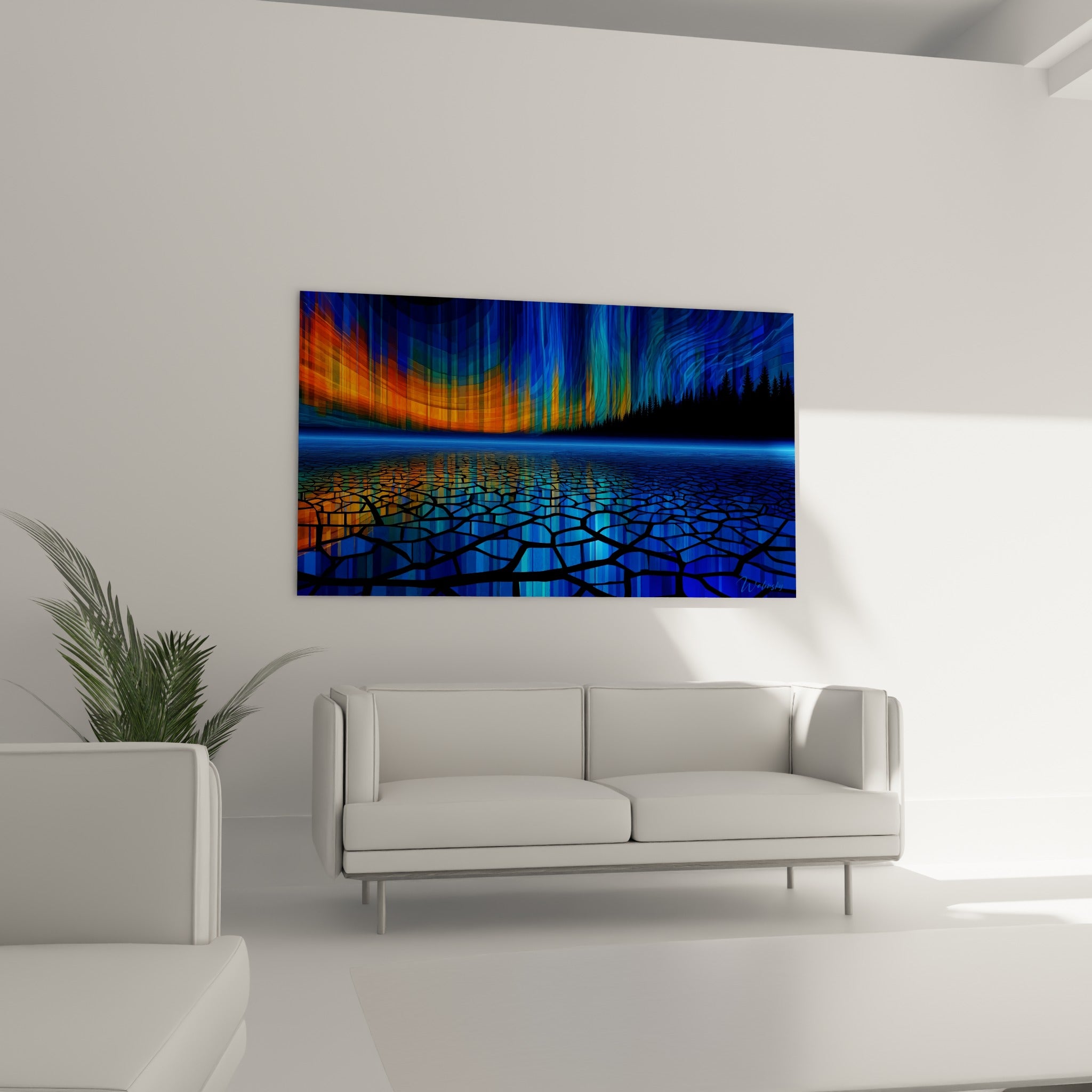 Paysage nordique bleu turquoise et doré à motifs craquelés, au-dessus d'un canapé dans un salon lumineux