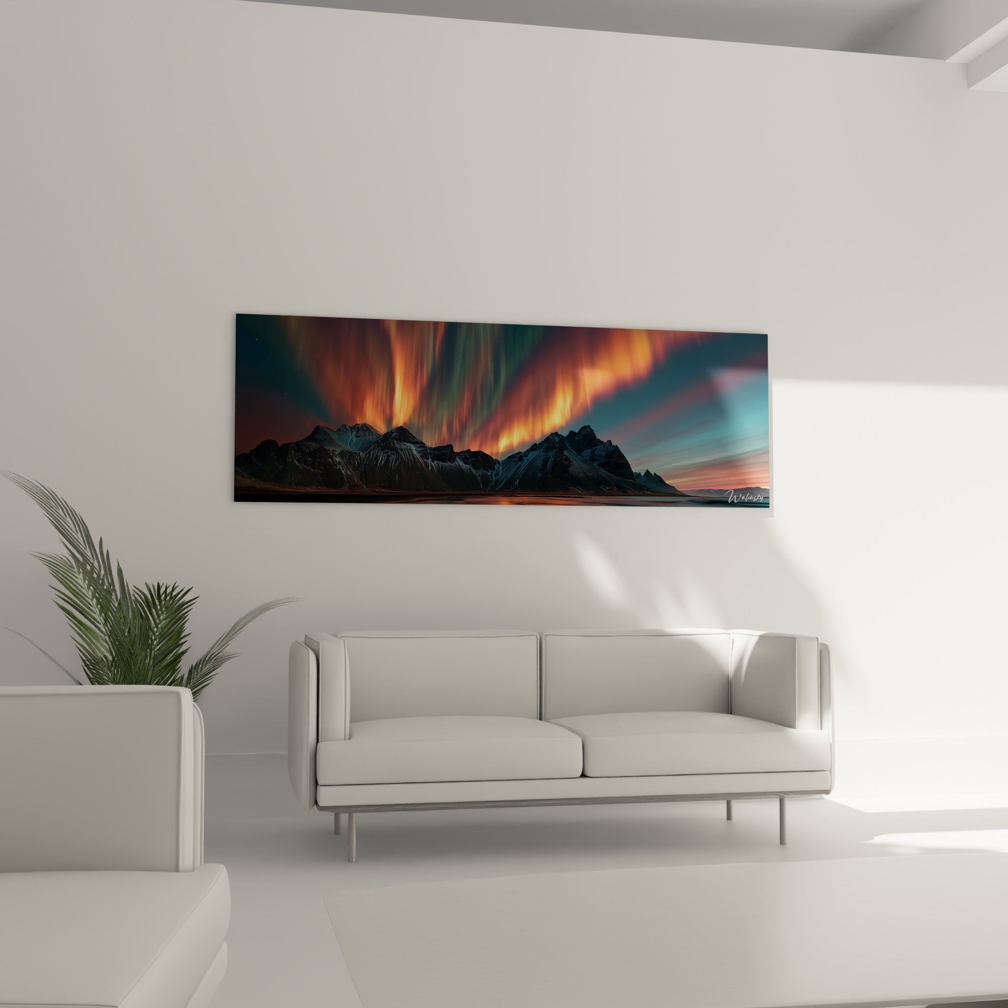 Aurore boréale rouge et turquoise sur crêtes anthracite, au-dessus d'un canapé dans un salon lumineux