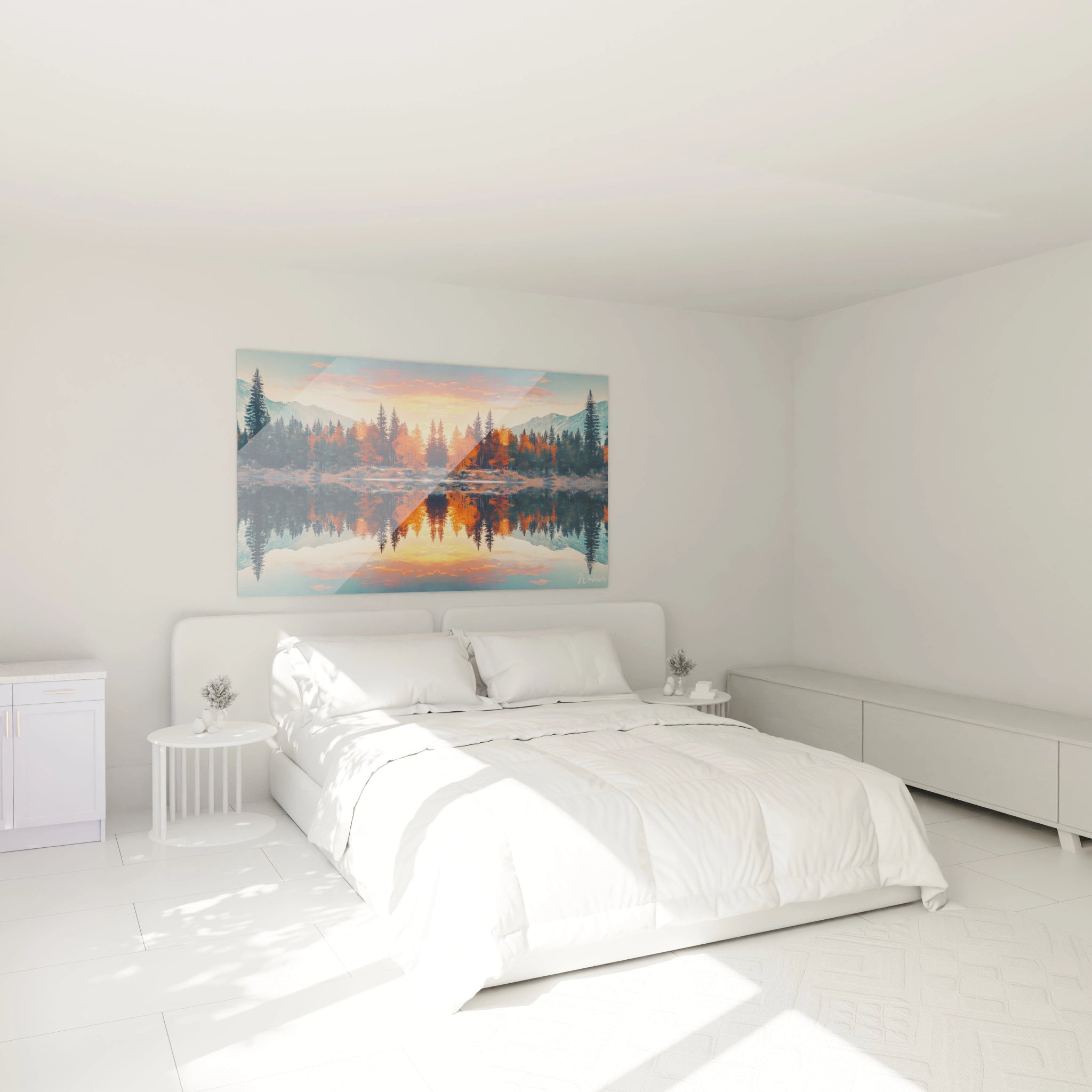 Un tableau forêt miroitante capturant la symétrie parfaite entre ciel et eau, où des arbres aux feuillages cuivrés et vert profond se reflètent dans un lac alpin, sous un ciel aux nuances roses-orangées du matin.