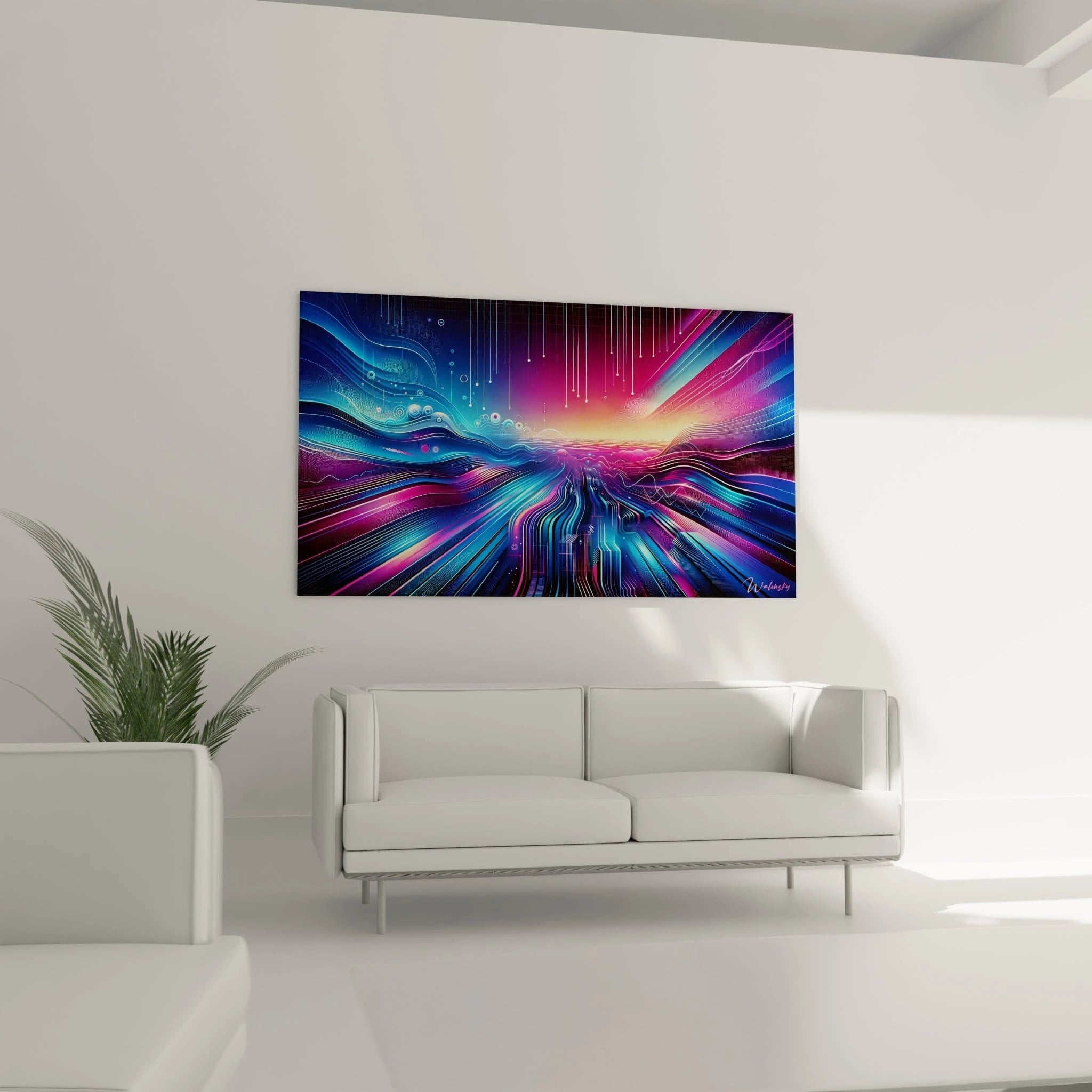 Tableau abstrait figurant un tunnel de lumière stylisé. Spectres colorés allant du bleu profond au rose fuschia avec transitions dégradées. Textures variées combinant quadrillages fins, cercles concentriques et lignes directionnelles. Composition centrée créant un effet de vitesse.