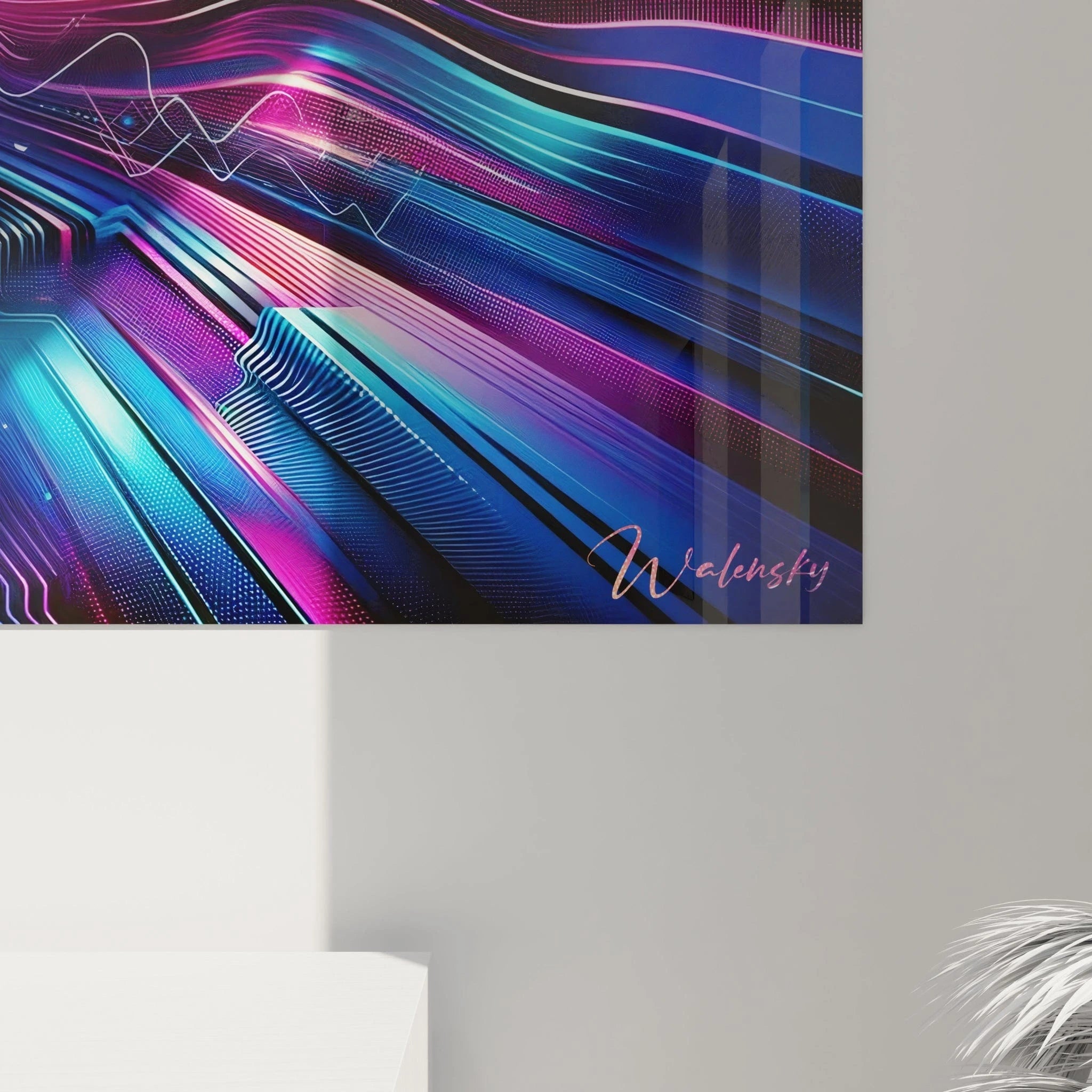 Tableau abstrait montrant un corridor de lignes fluides. Gamme chromatique électrique de bleus, magentas et violets néon. Relief visuel obtenu par superposition de trames pointillées et formes géométriques lumineuses. Structure radiale avec motifs ondulants et filaments convergeant vers le centre.
RetryClaude can make mistakes. Please double-check responses.