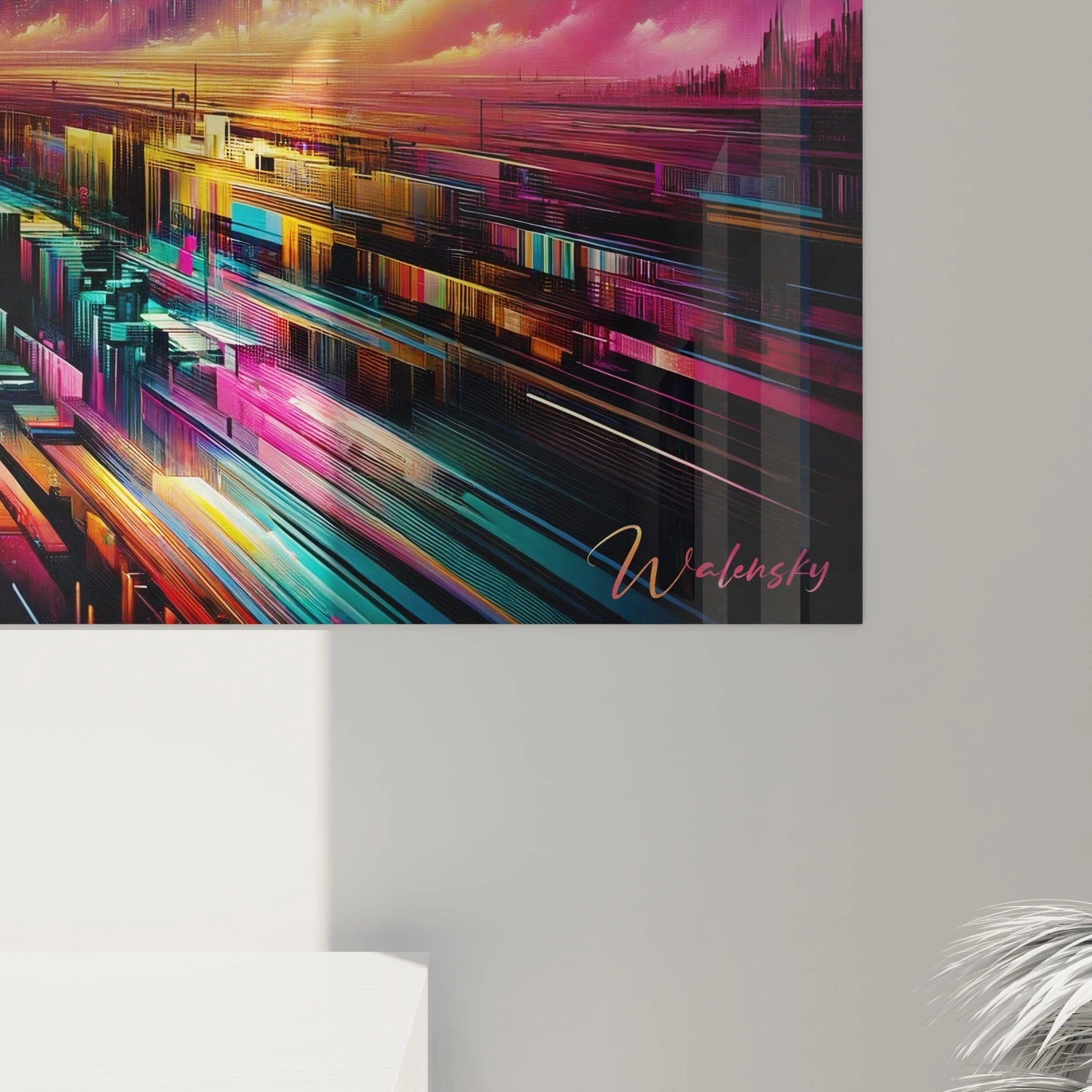 Tableau abstrait représentant un corridor architectural convergeant vers un point lumineux. Palette contrastée de bleu-vert, rose électrique et jaune orangé. Textures graphiques superposées formant des motifs rectangulaires et lignes directionnelles. Structure en perspective avec horizon central et reflets géométriques.
RetryClaude can make mistakes. Please double-check responses.