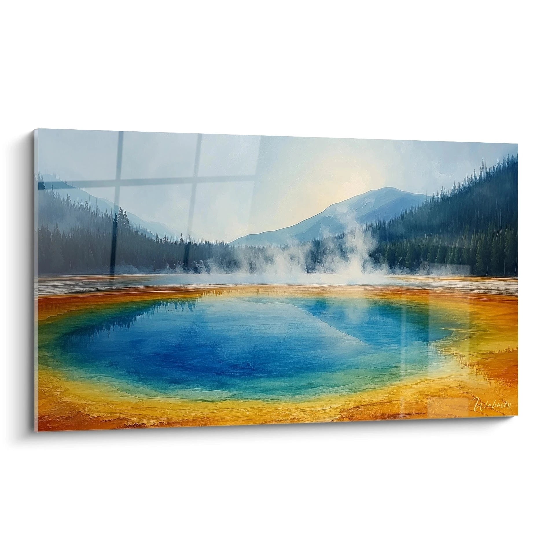 Un tableau source thermale représentant un bassin d'eau bleu profond entouré de bordures orange et jaunes, avec des forêts de conifères verts en arrière-plan et des vapeurs blanches s'élevant de la surface, sous un ciel lumineux et des montagnes lointaines.