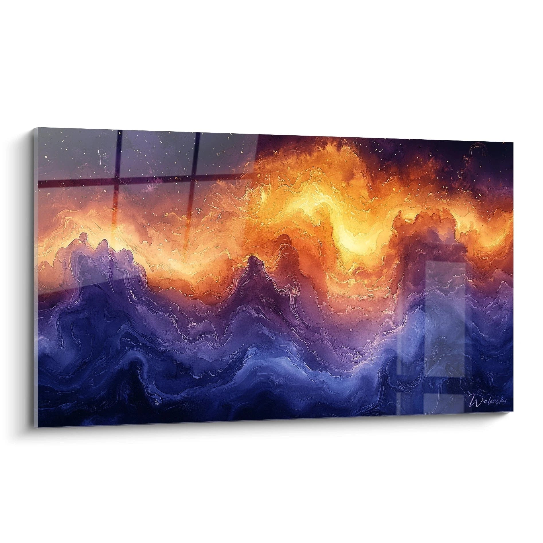 Tableau expressionniste abstrait de Walensky avec des vagues colorées orange et bleues évoquant une scène dynamique