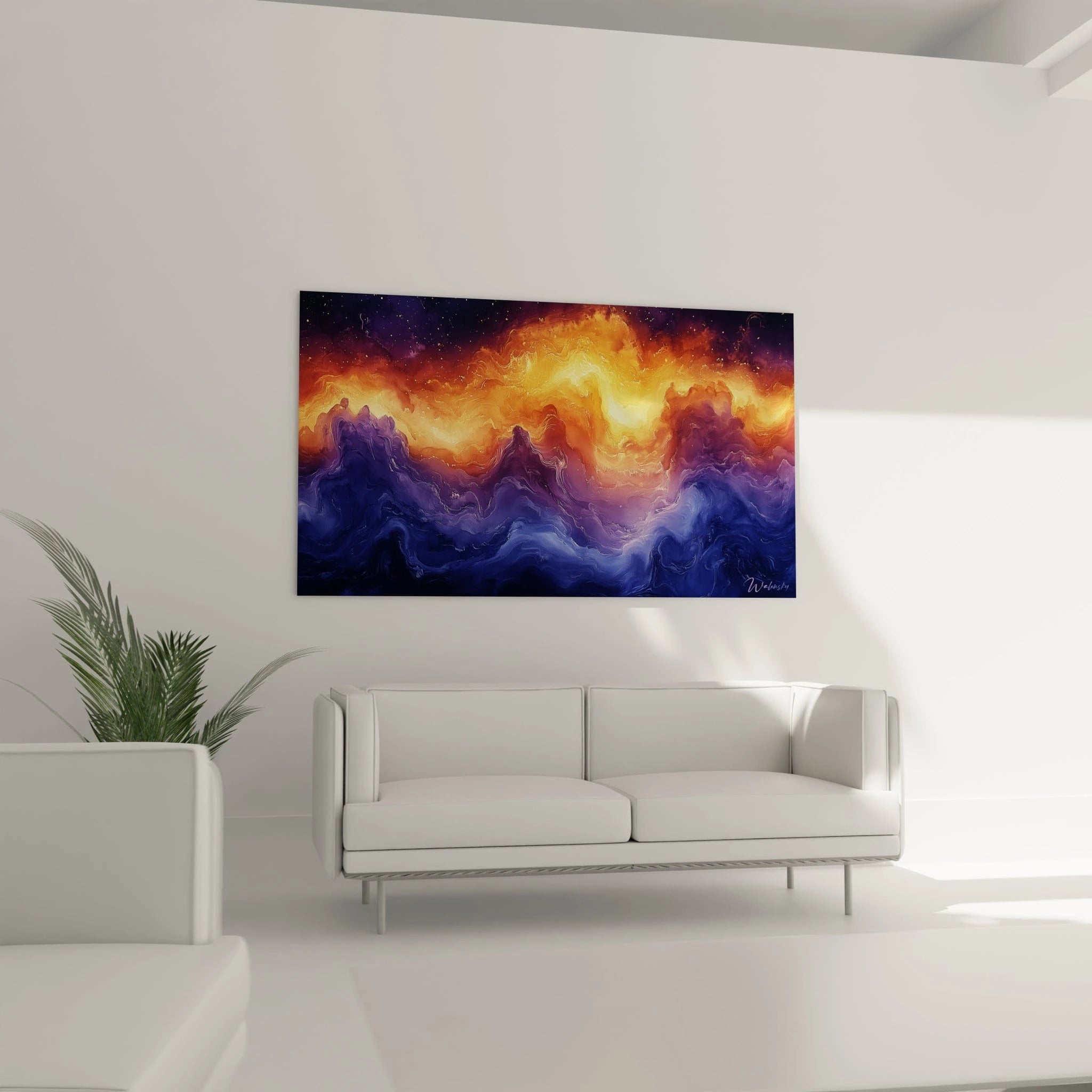 Tableau expressionniste abstrait de Walensky représentant des couleurs vibrantes orange et bleu