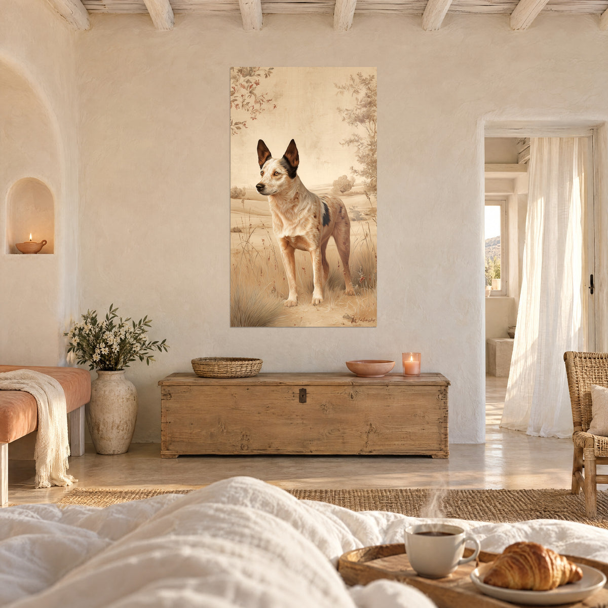 Wall art of a dog portrait in sepia, cream coat speckled with brown and pinkish foliage, above a bed in a bright bedroom