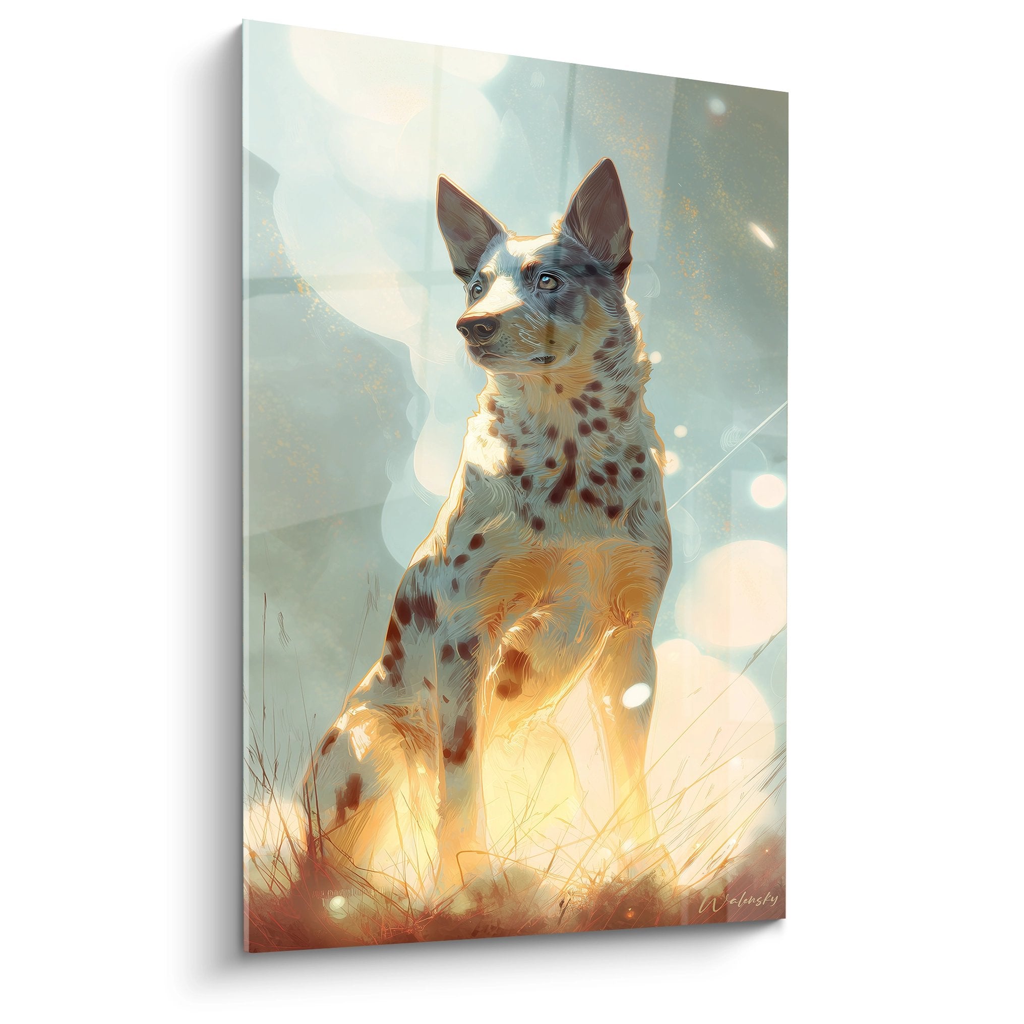 Tableau Australian Cattle Dog aux tons dorés dans prairie lumineuse avec effets de lumière