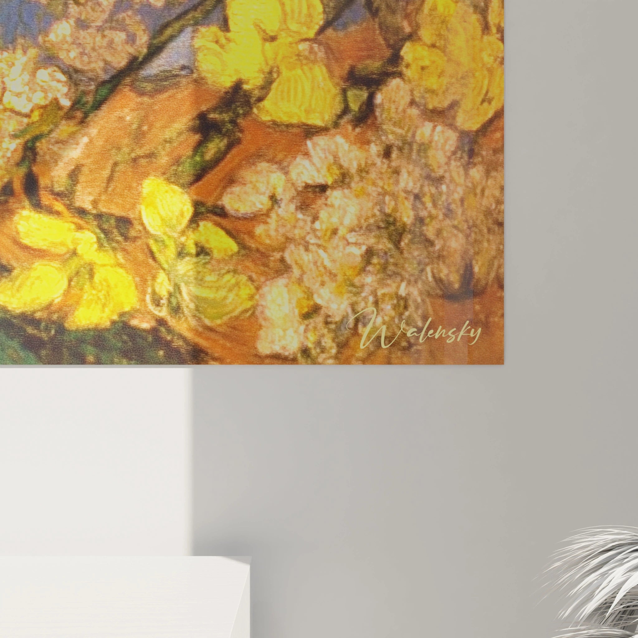 Tableau autoportrait post impressionnisme Walensky mural avec fleurs jaunes texturées et signature