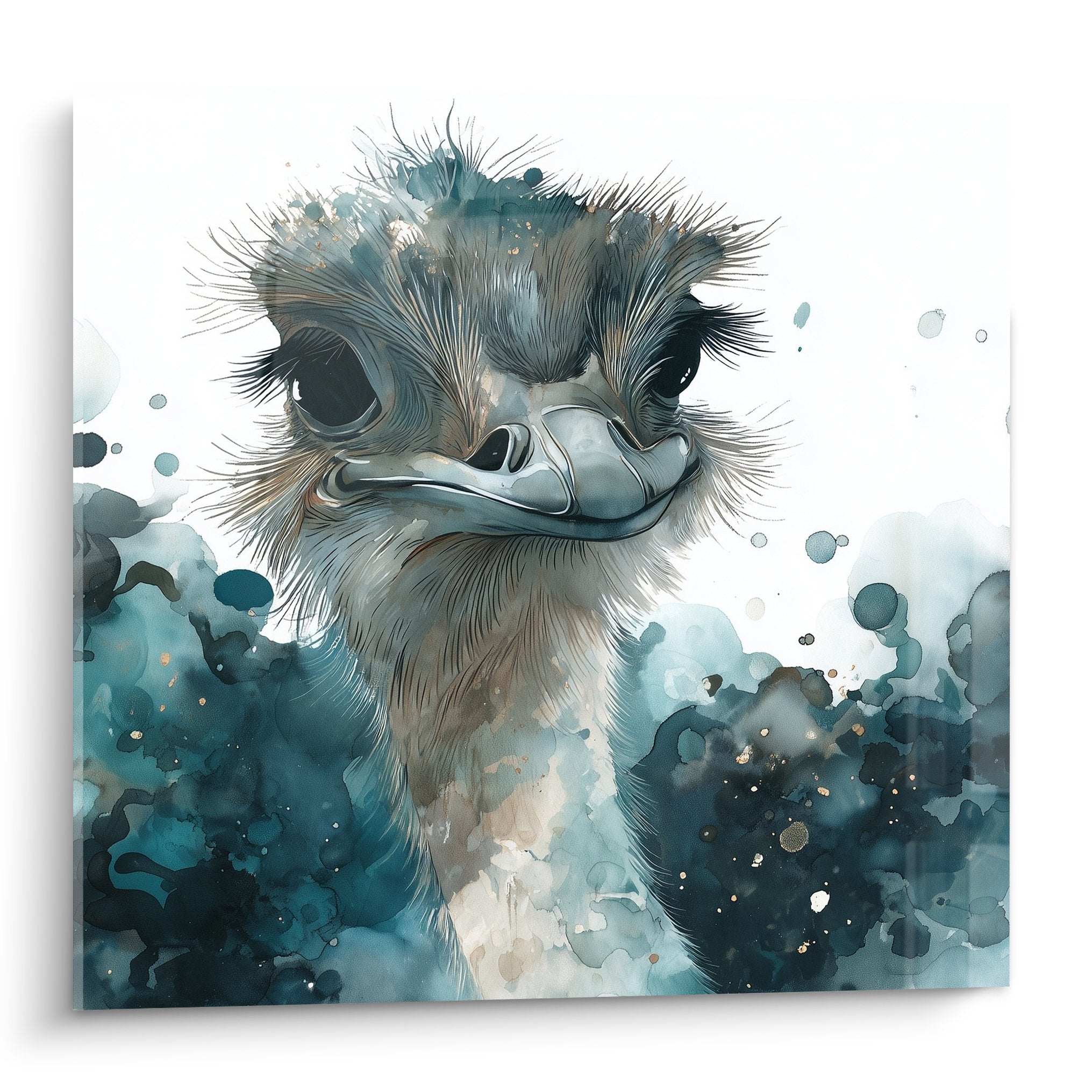 Tableau autruche aquarelle bleu pastel avec eclaboussures dorees sur fond blanc artistique