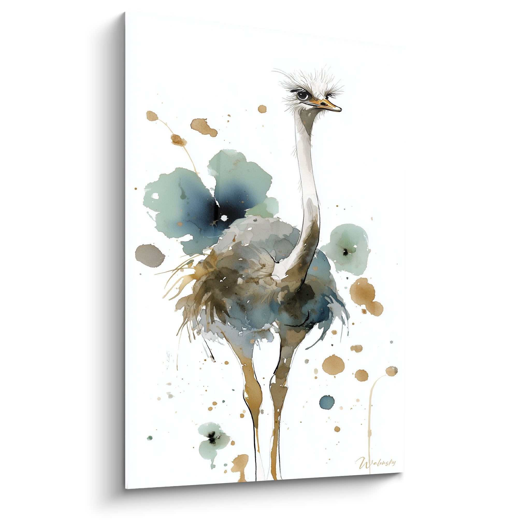 Tableau autruche aquarelle bleu-vert avec éclaboussures ocre sur fond blanc style contemporain