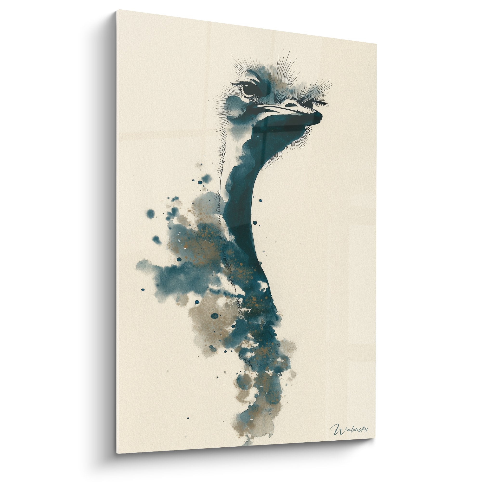 Portrait autruche aquarelle tons bleus ocres eclaboussures artistiques regard intense fond beige
