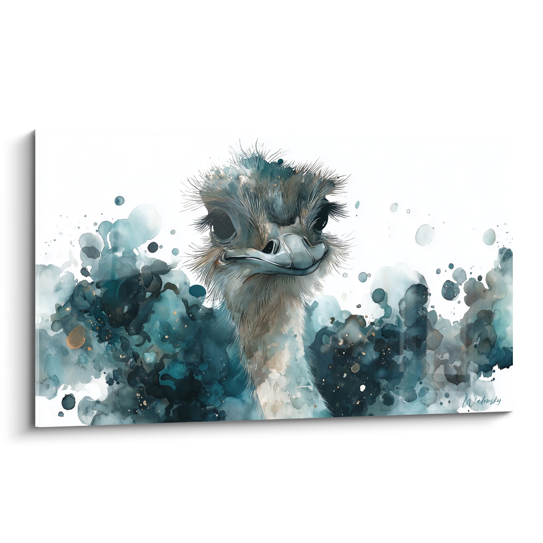 Autruche au regard perçant, plumage beige et éclaboussures bleu pétrole sur fond blanc