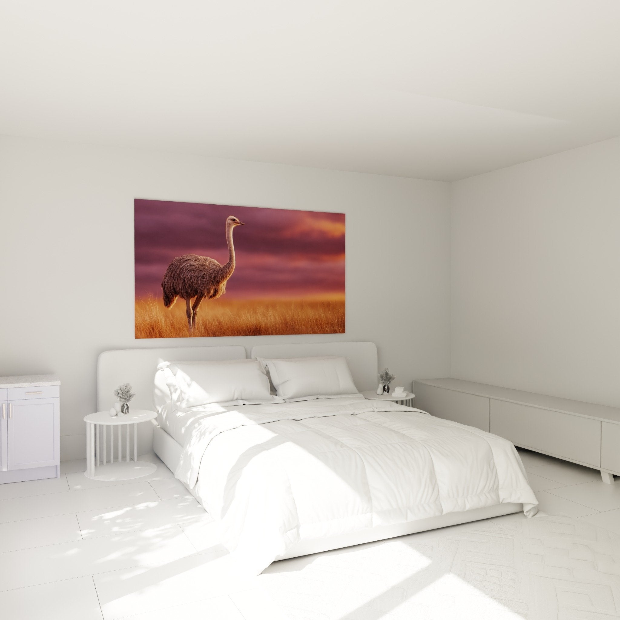 Ostrich savanna wall art modern bedroom, golden orange tones mural decoration, elegant natural ambiance