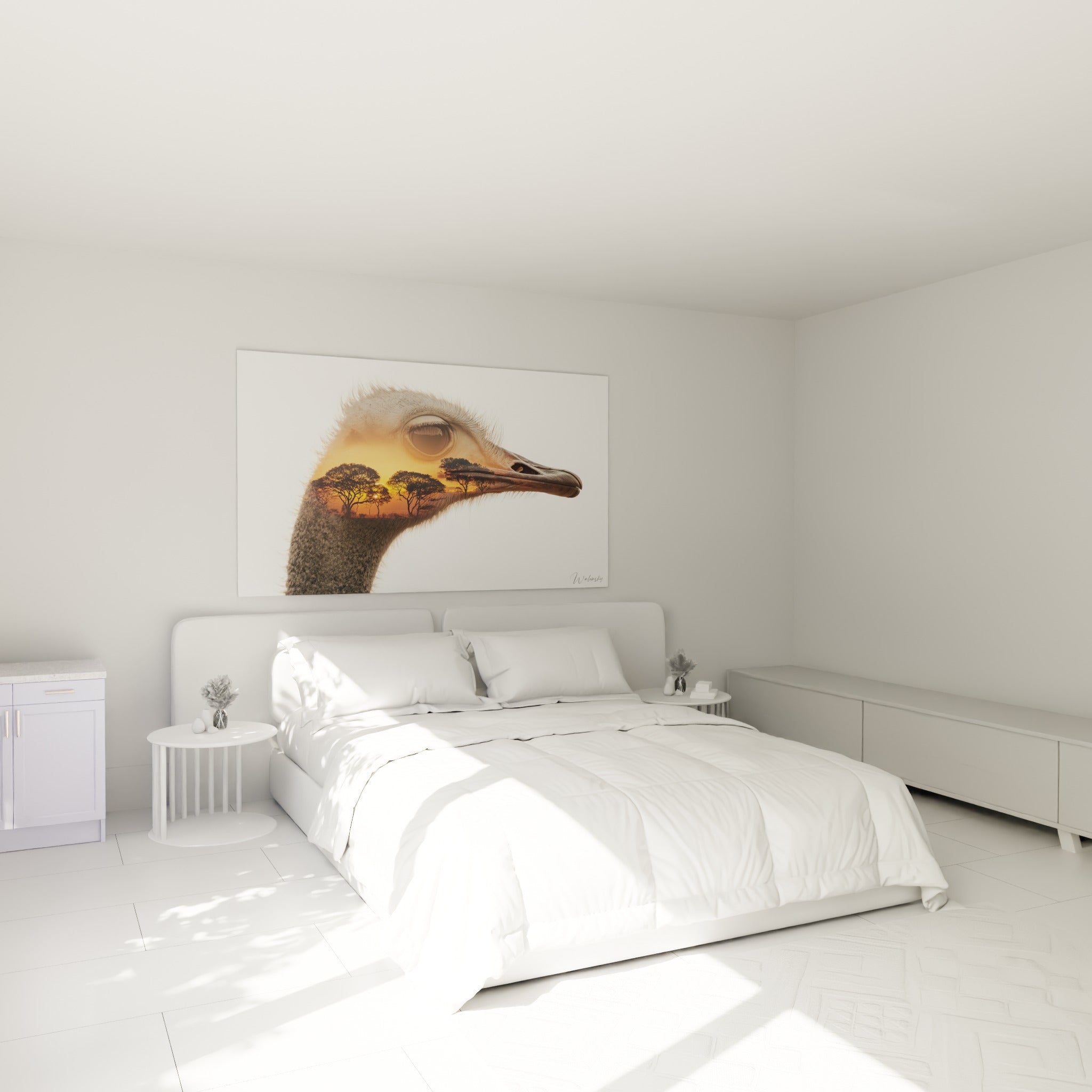 Silhouette d'autruche mêlant gris beige et coucher de soleil ocre, accrochée au-dessus d'un lit dans une chambre claire