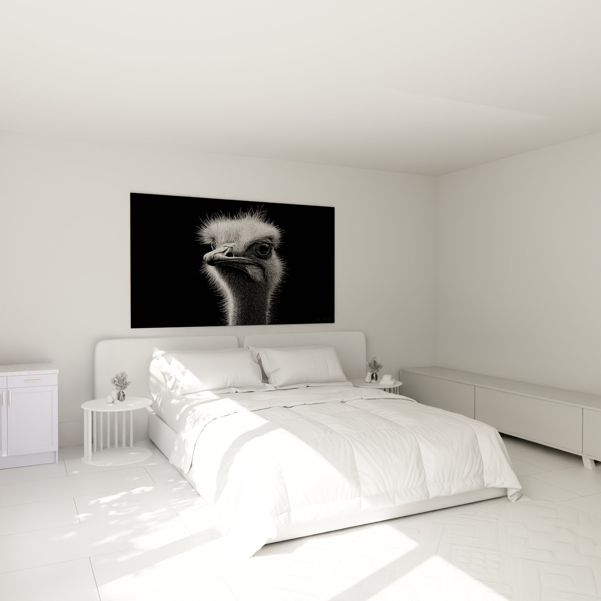 Tableau autruche monochrome gravure déco chambre mur blanc design contemporain élégant