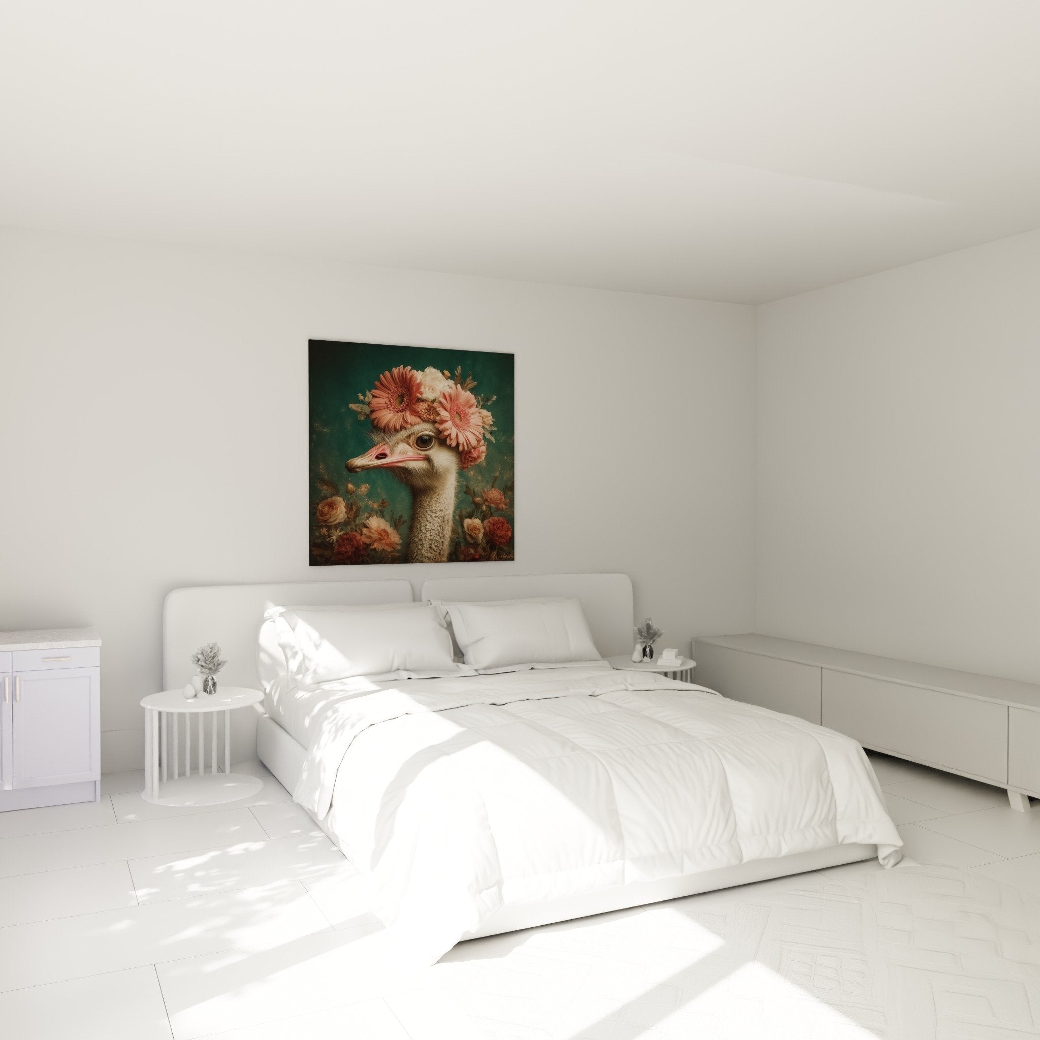 Straußenbild mit Blüten im Schlafzimmer mit hellen Wänden, weißer Möblierung und bohème-chic Dekoration