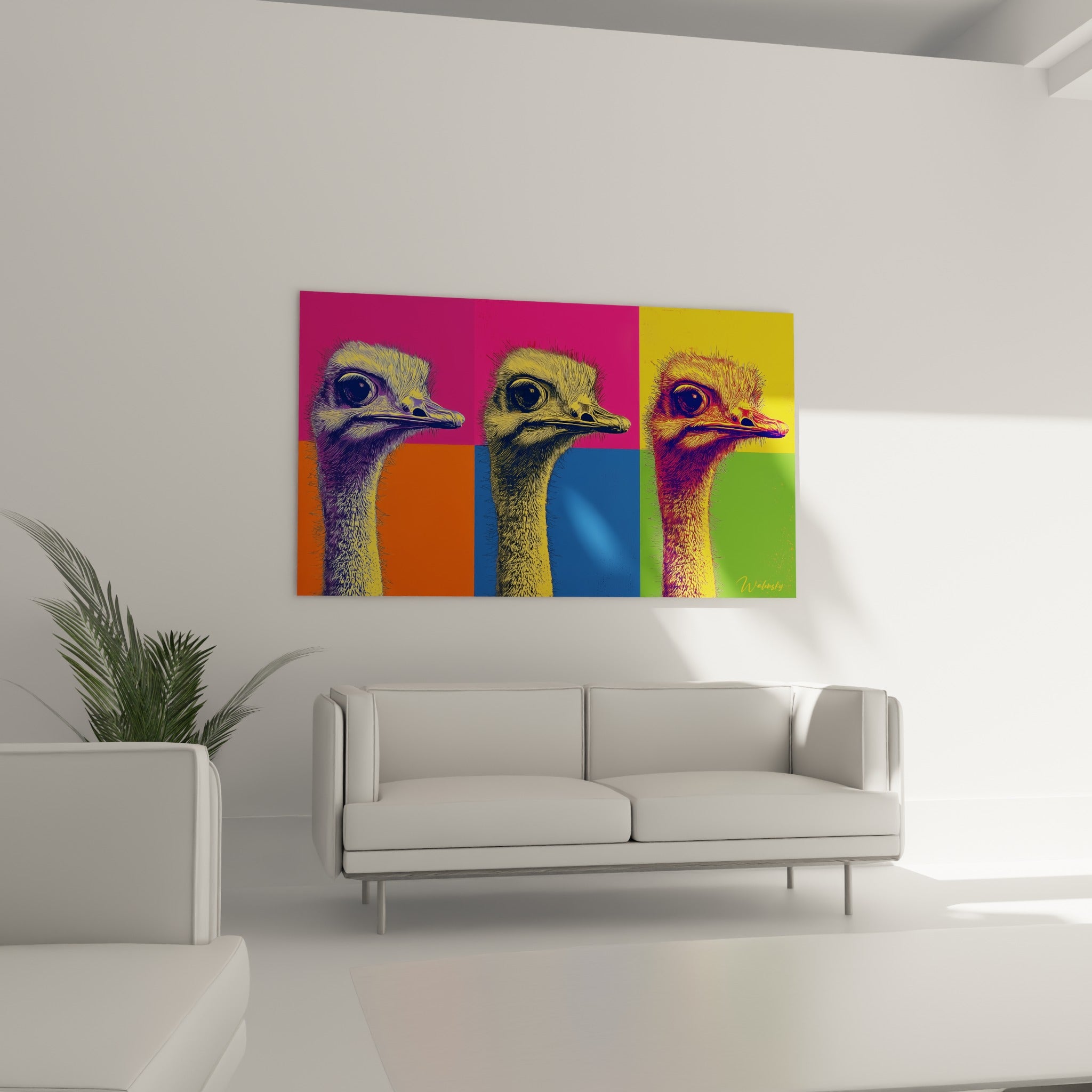 Portrait répété d'autruche en rose et vert sauge, au-dessus d'un canapé dans un salon lumineux