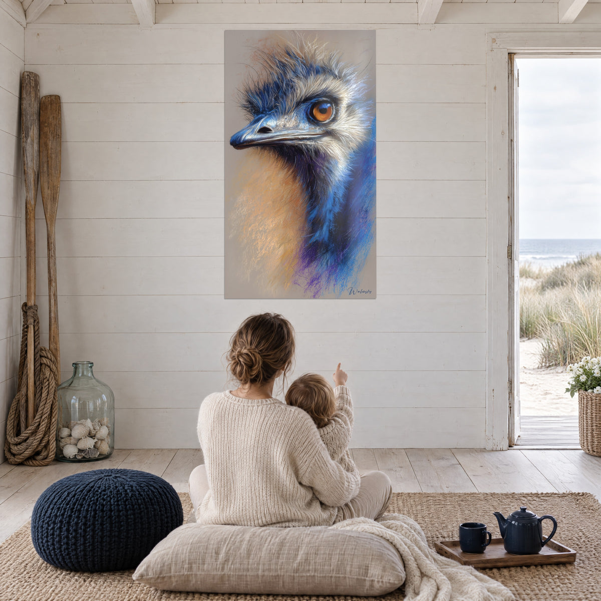 Wall art blue ostrich with copper-toned eyes, mauve and golden feathers, gazed at by a mother and her baby sitting beside an open door