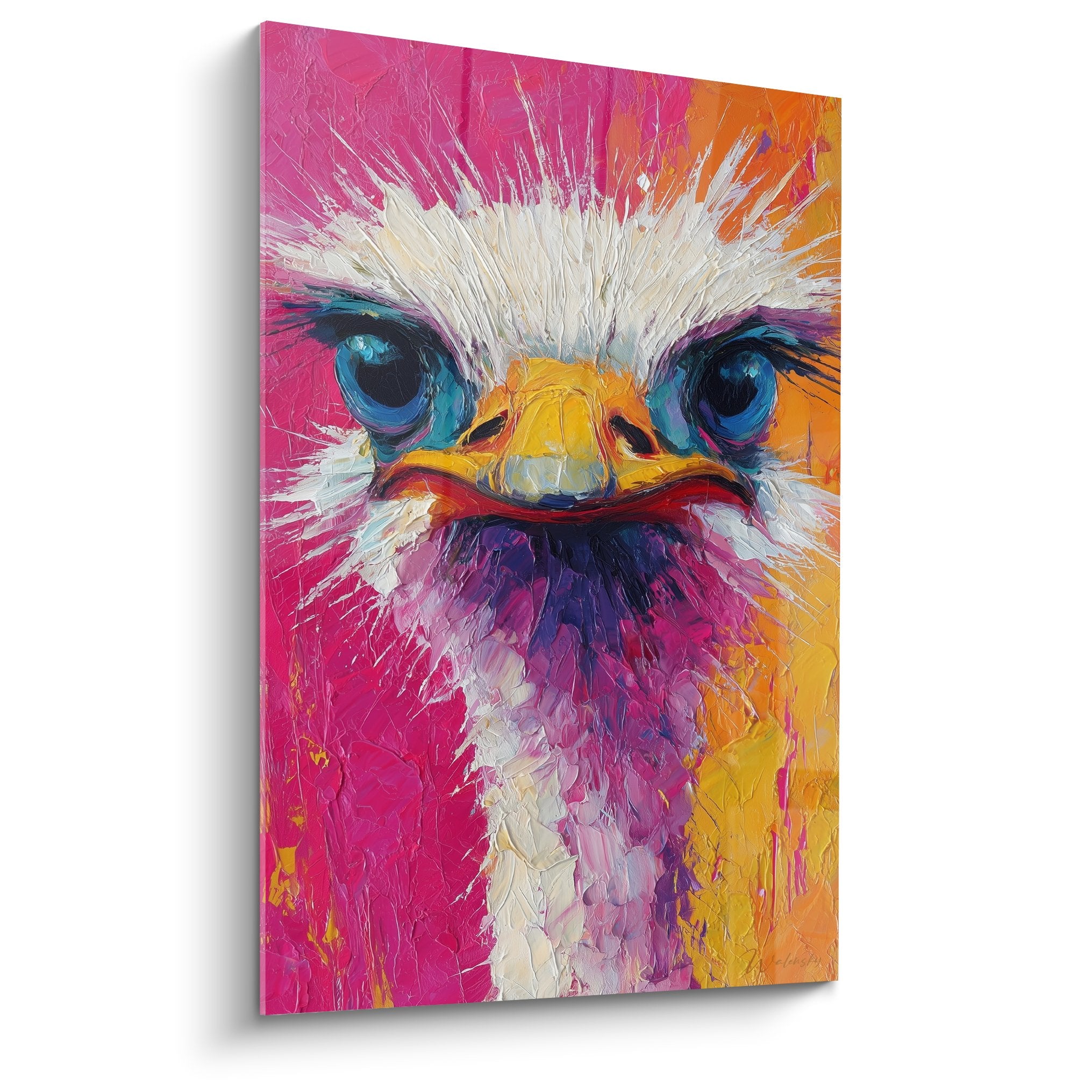 Tableau moderne autruche couleurs vives rose magenta orange yeux bleus art contemporain animalier