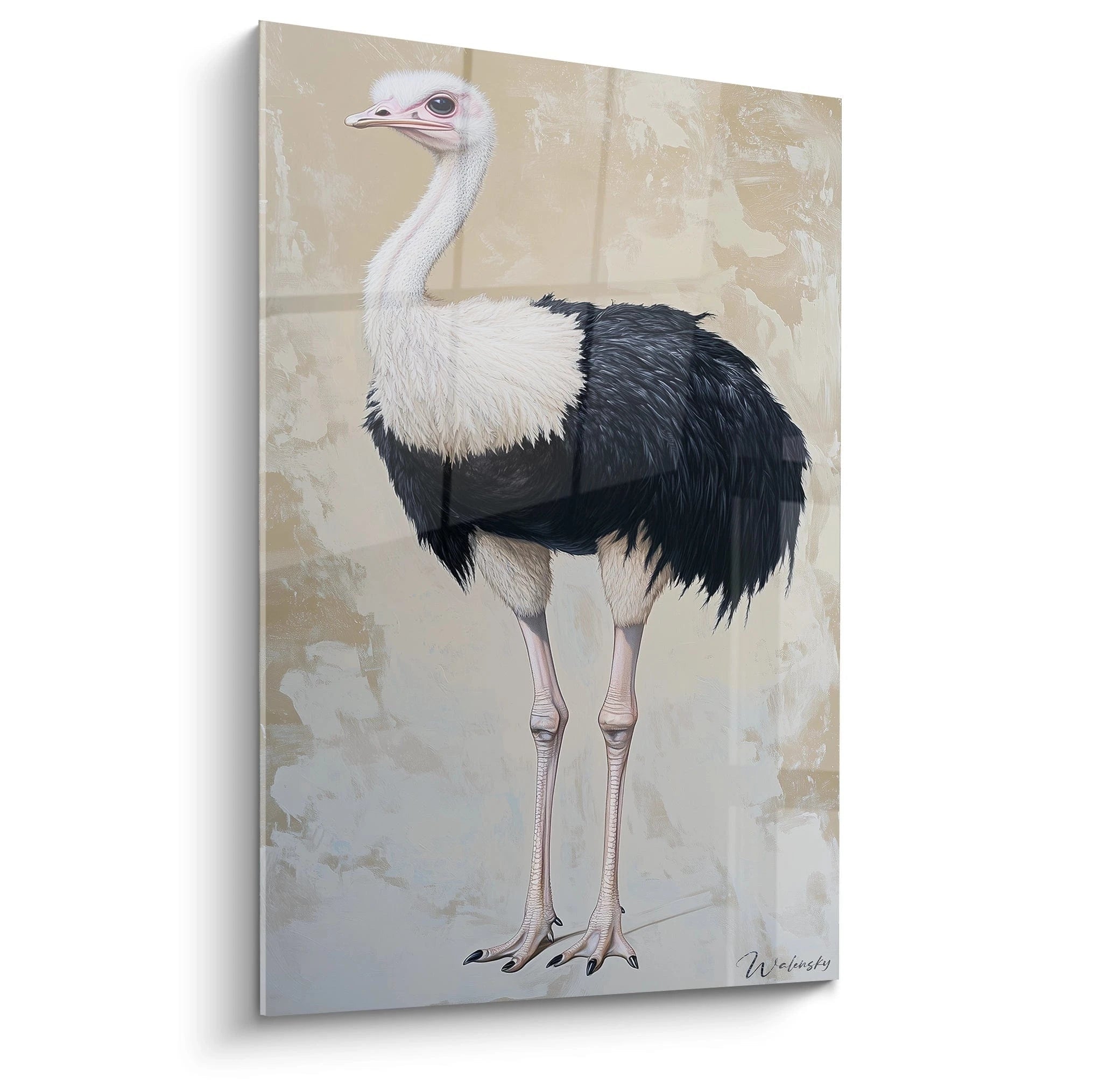 Un tableau artistique abstrait représentant une autruche au plumage contrasté blanc et noir, avec un long cou gracieux et des yeux rougeâtres expressifs, sur un fond texturé beige aux finitions brossées.