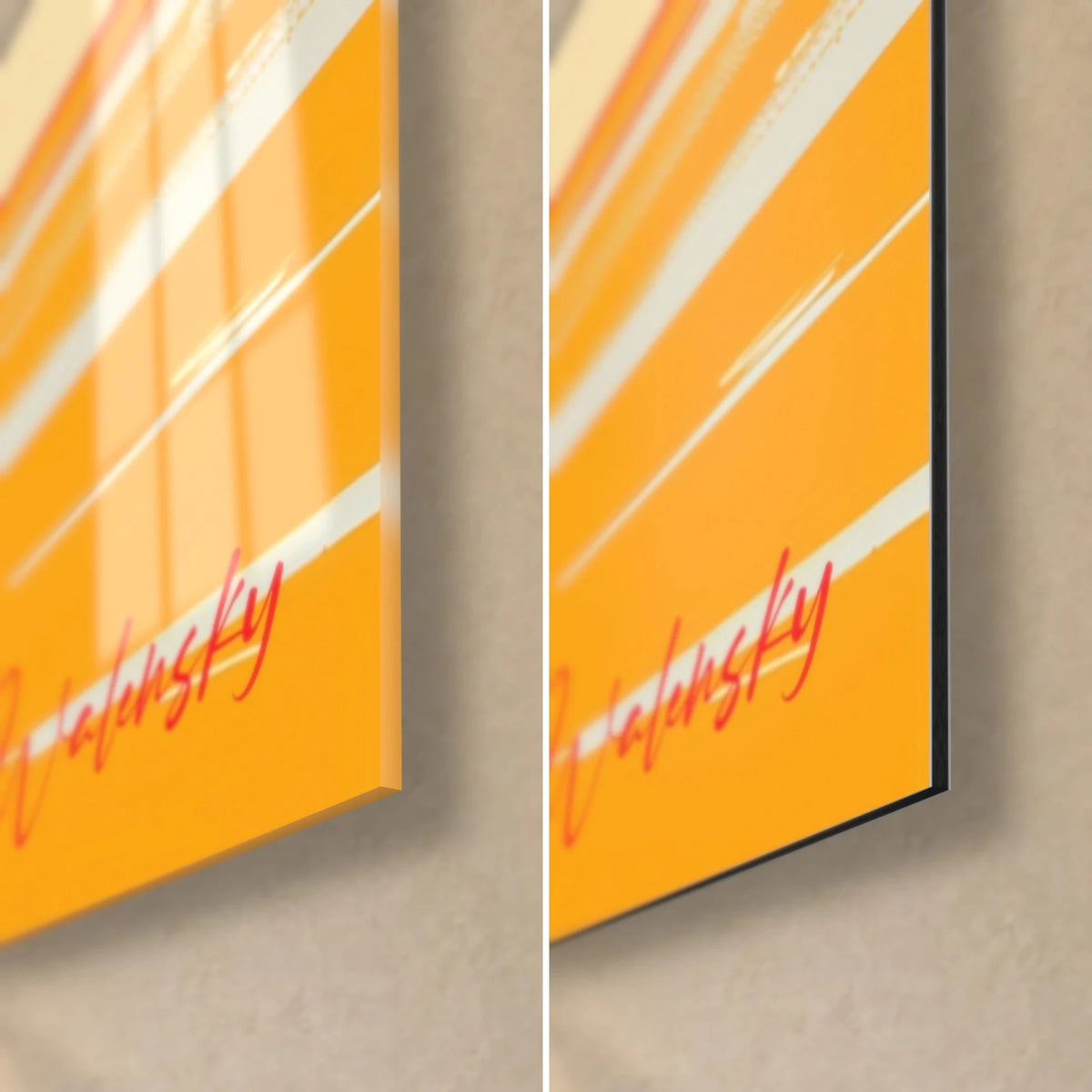 Wall art ostriches on golden yellow ground, bottom right corner in glossy acrylic glass and matte black Dibond aluminum, red Walensky signature