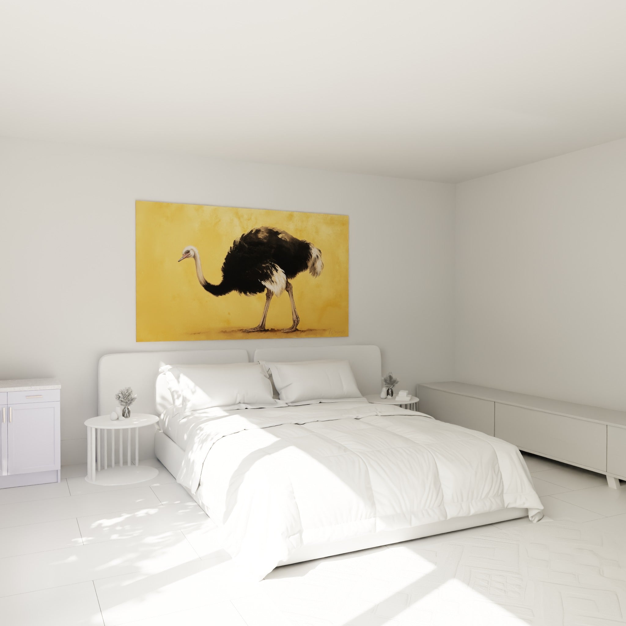 Silhouette d'autruche noire et blanche au-dessus d'un lit dans une chambre claire