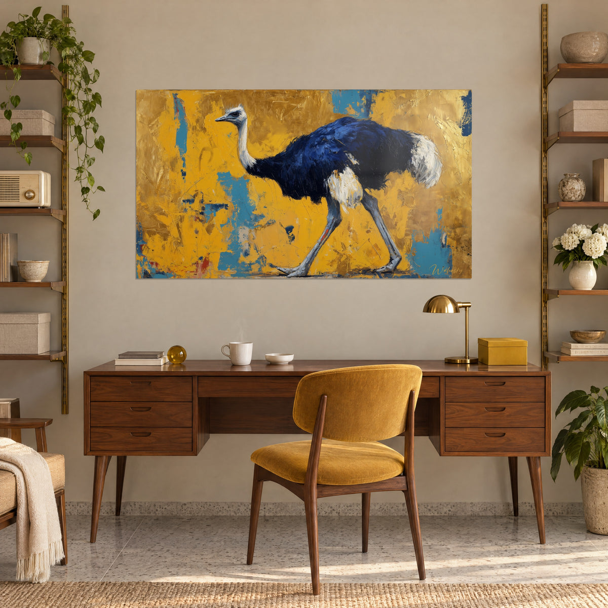 Tableau coureur à long cou clair, corps bleu marine, traits de spatule jaune et cyan, au-dessus d'un bureau en bois et fauteuil moutarde